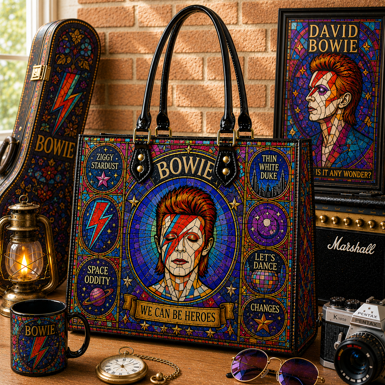 David Bowie Leather Handbag, Tote Bag and Wallet Set, Colorful Stained Glass Ziggy Stardust Design, Vintage Rock Music Fan Gift