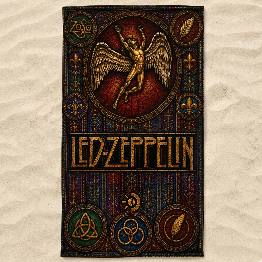 Led Zeppelin Stained Glass Beach Towel Vintage Rock Band Oversized Sand-Free Towel, Gothic Angel Art Pool & Beach Blanket