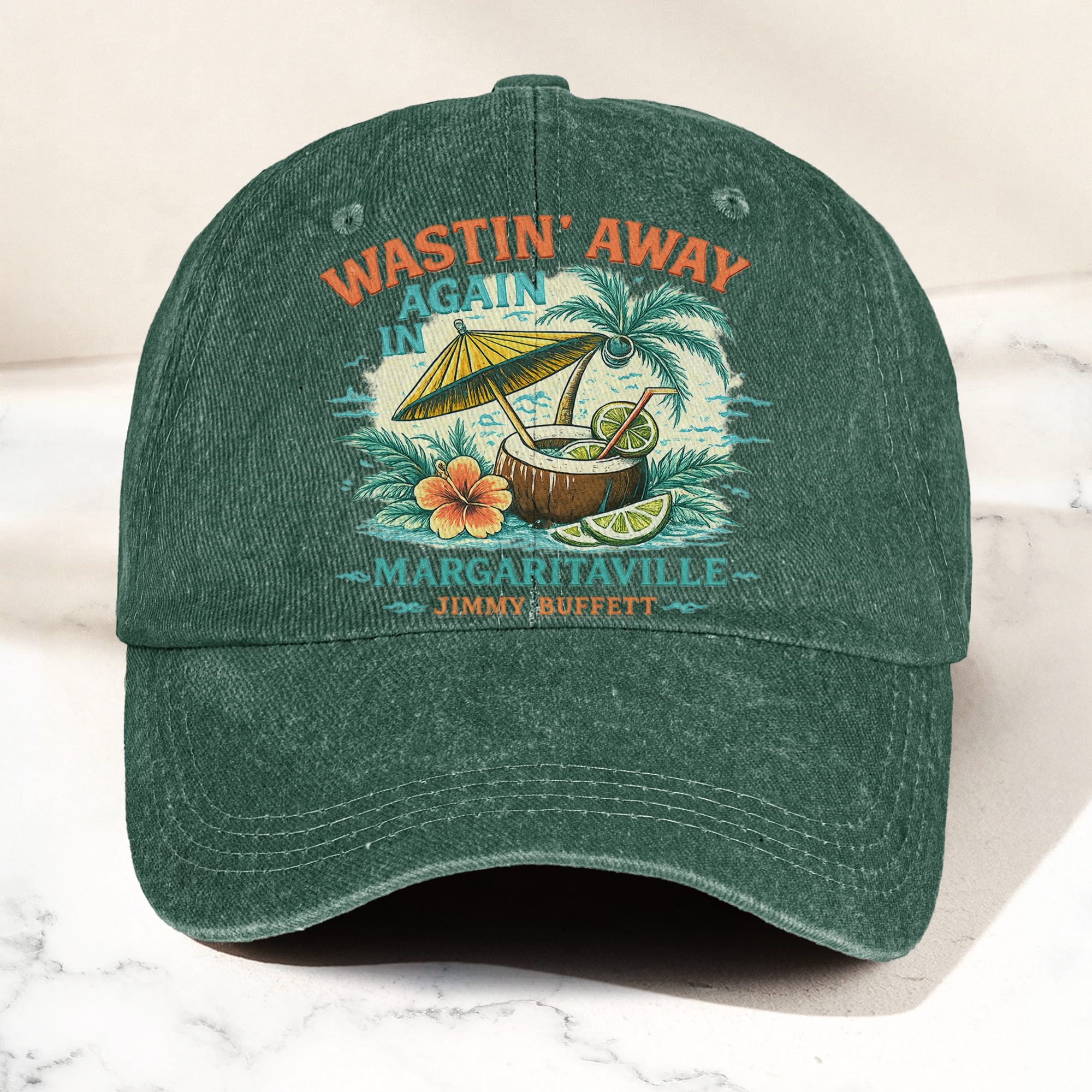 Jimmy Buffett Margaritaville Wastin Away Again Tropical Cocktail Beach Denim Cap Retro Vintage Dad Cap Gift For Dad (With Box)
