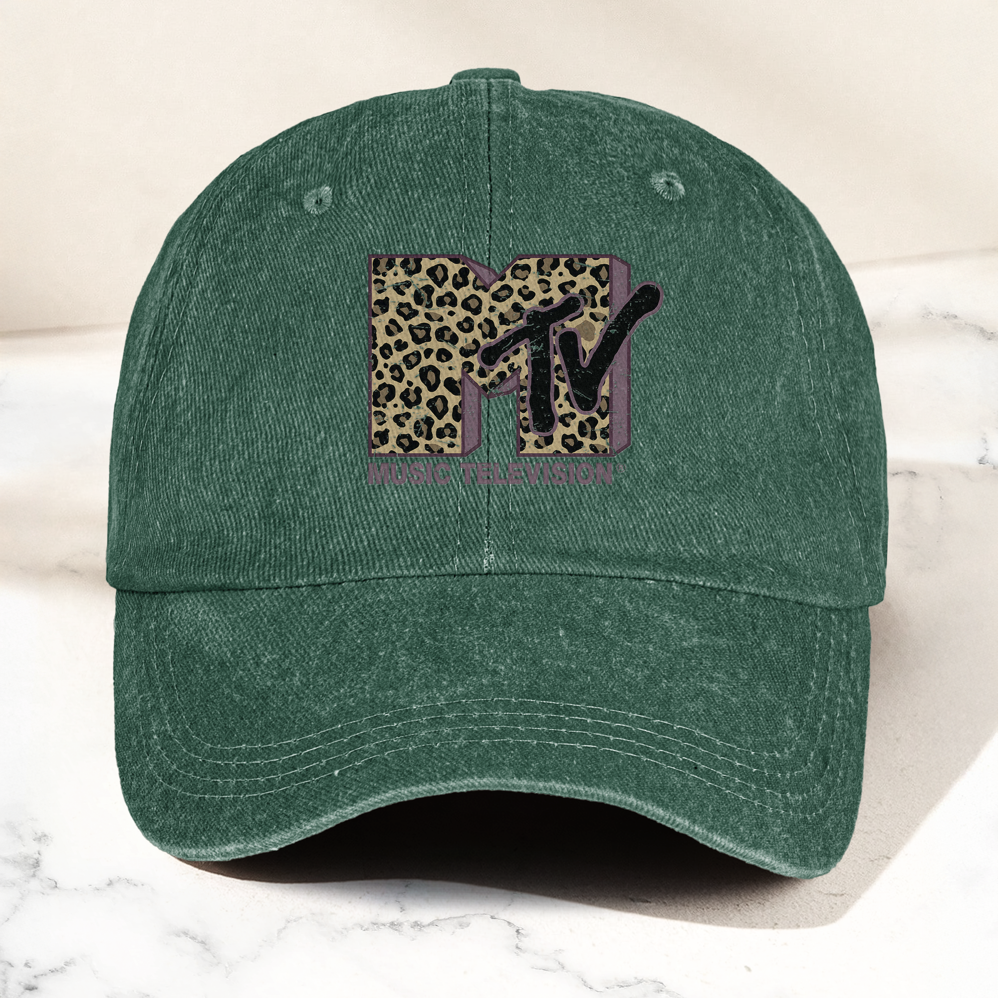 MTV Pink Leopard Logo Cap Vintage Washed Hat, Retro Music Television Aesthetic Streetwear Hat (With Box)