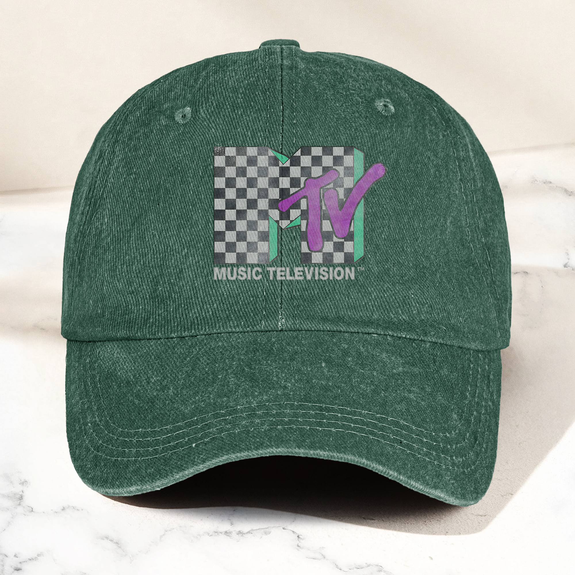MTV Checkerboard Logo Cap Vintage Washed Hat, Retro 80s Music Television Streetwear Hat (With Box)
