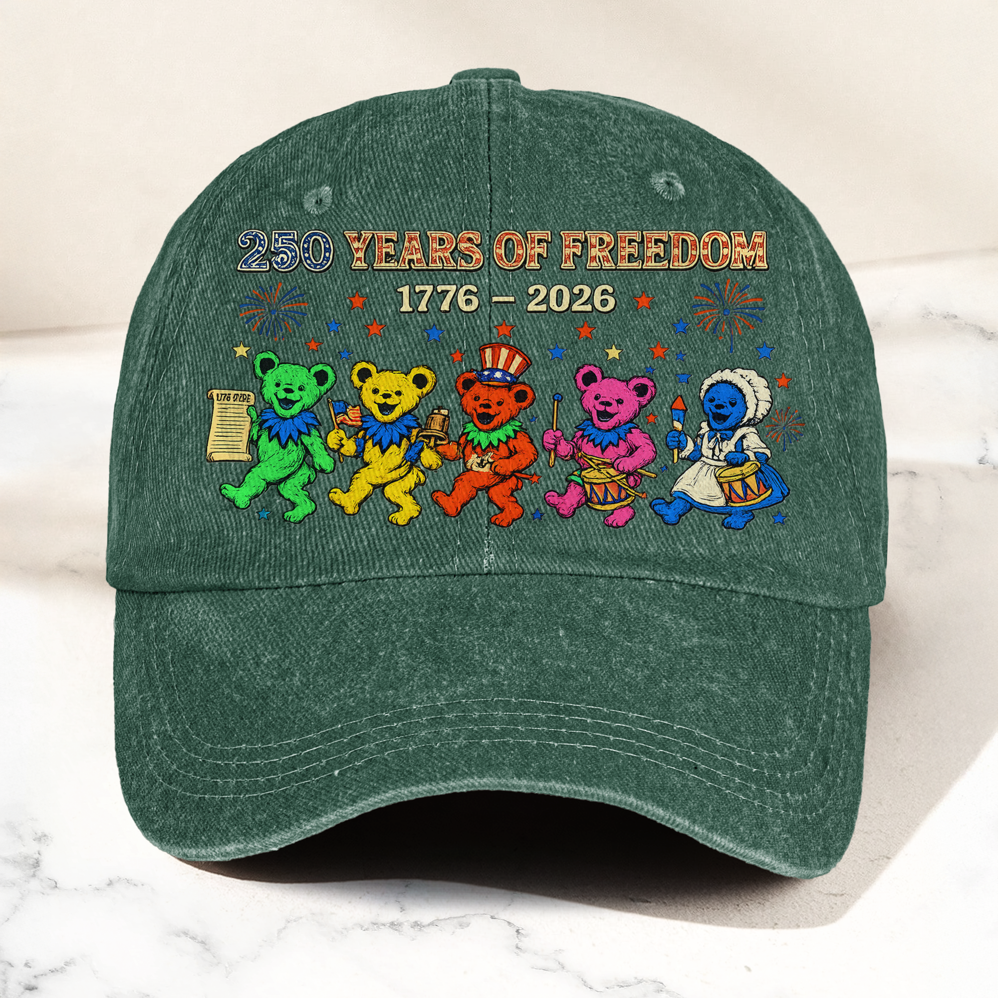 Grateful Dead 250 Years Of Freedom 1776 2026 4th of July Dancing Bears Denim Cap Retro Vintage Dad Cap Gift For Dad (With Box)