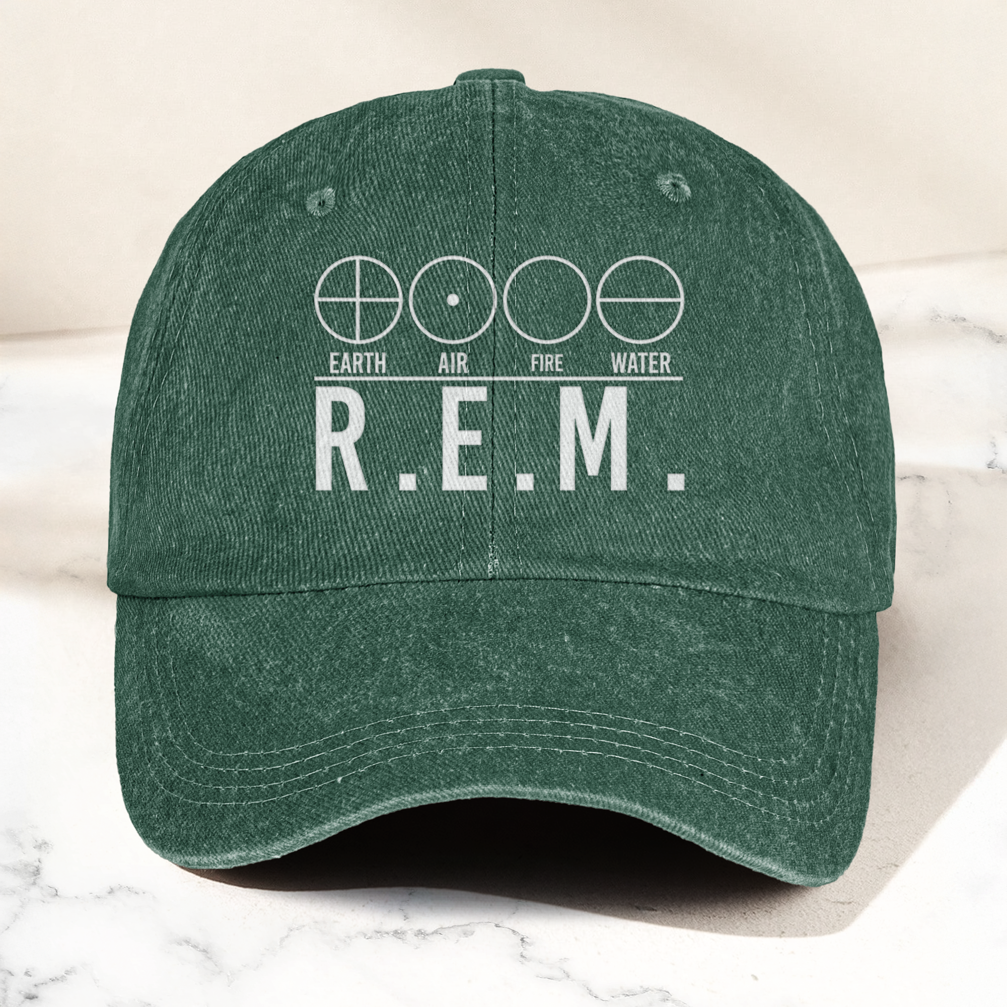 R.E.M Elements Logo Cap Vintage Washed Black Denim Dad Hat, Earth Air Fire Water Minimalist Band Hat (With Box)