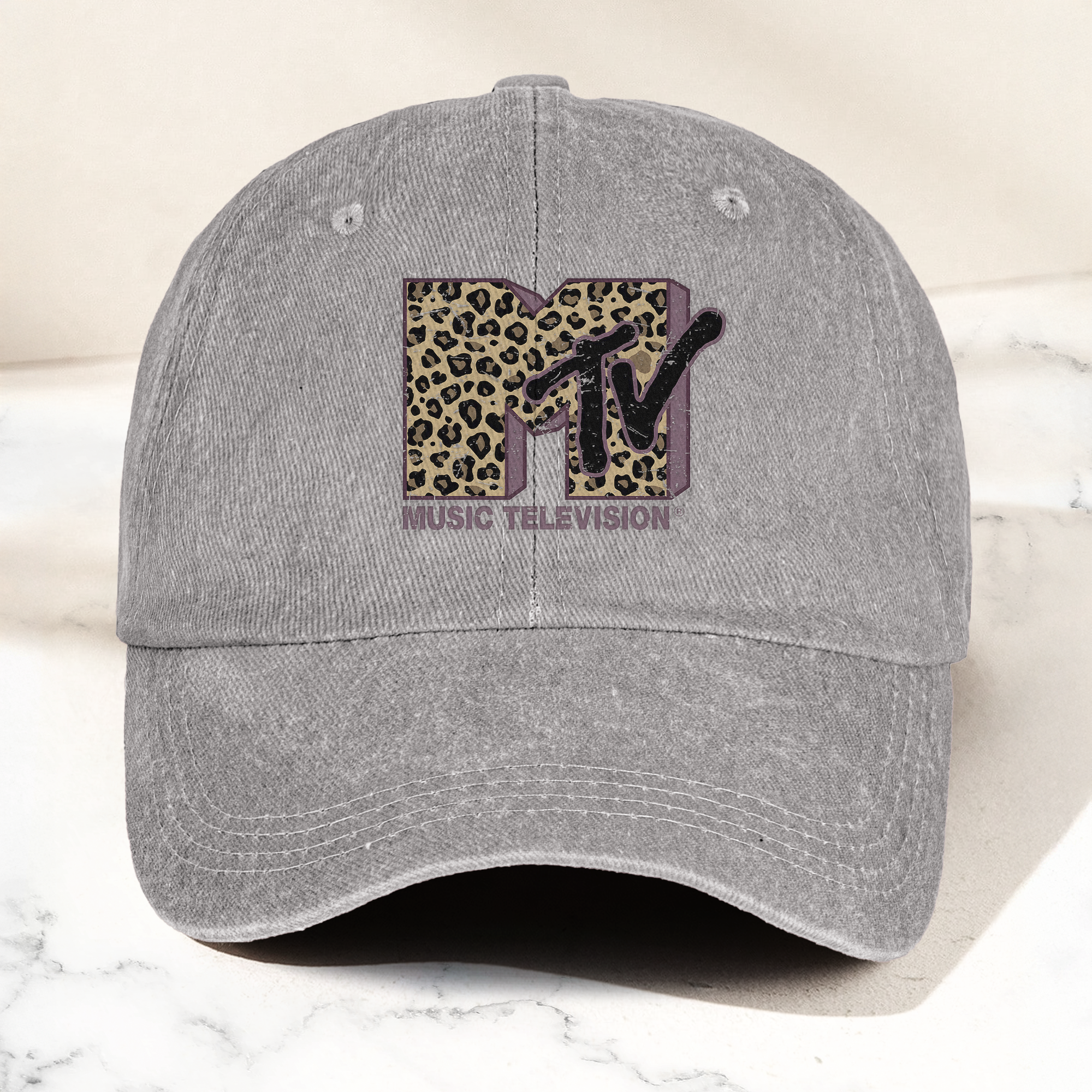 MTV Pink Leopard Logo Cap Vintage Washed Hat, Retro Music Television Aesthetic Streetwear Hat (With Box)