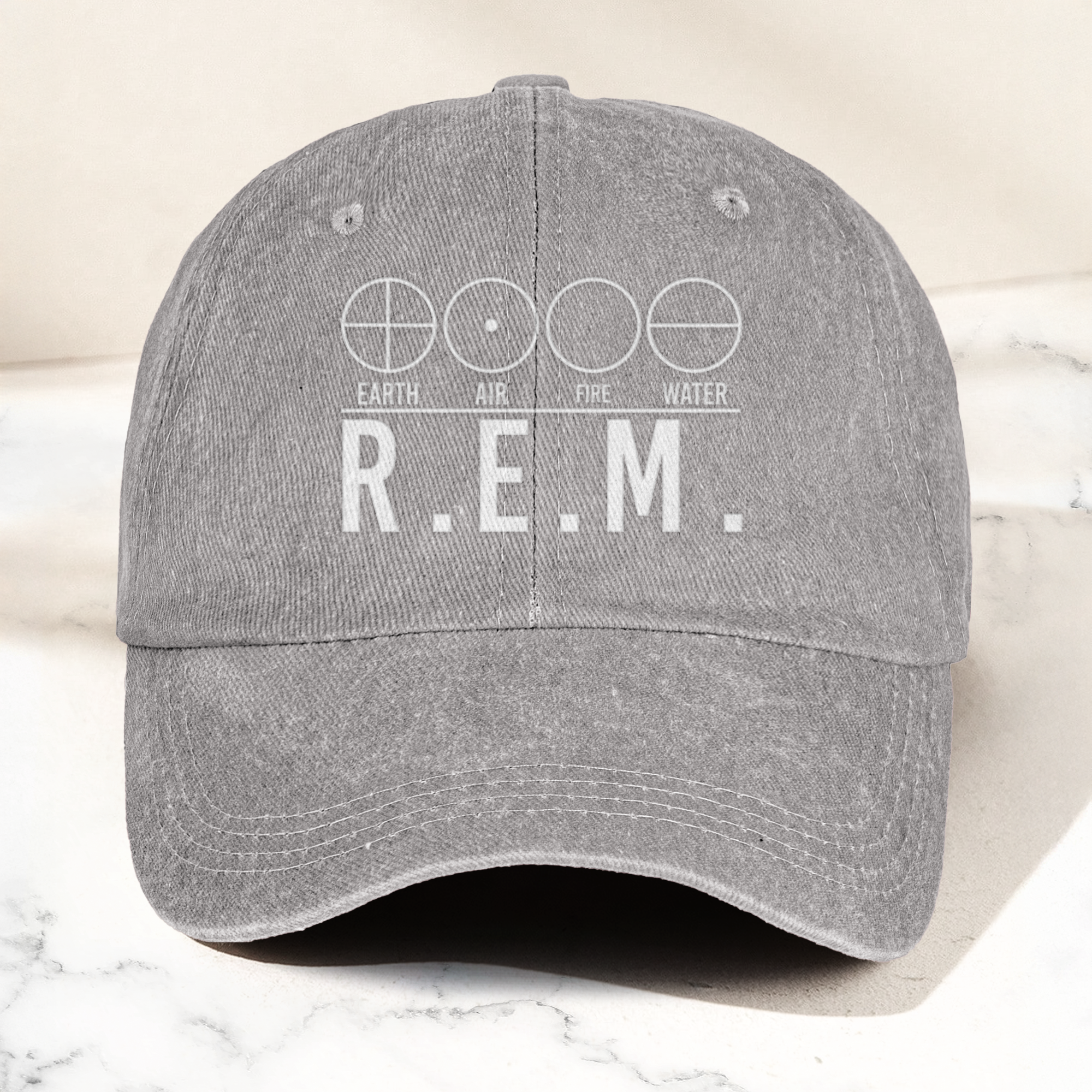 R.E.M Elements Logo Cap Vintage Washed Black Denim Dad Hat, Earth Air Fire Water Minimalist Band Hat (With Box)