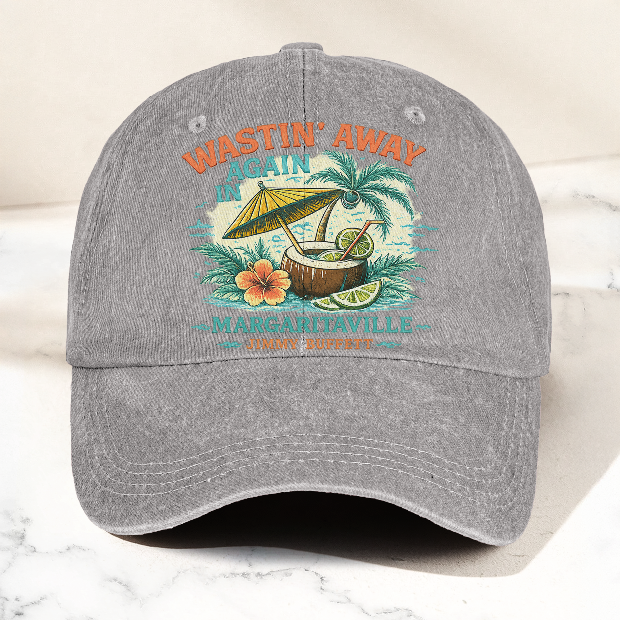 Jimmy Buffett Margaritaville Wastin Away Again Tropical Cocktail Beach Denim Cap Retro Vintage Dad Cap Gift For Dad (With Box)