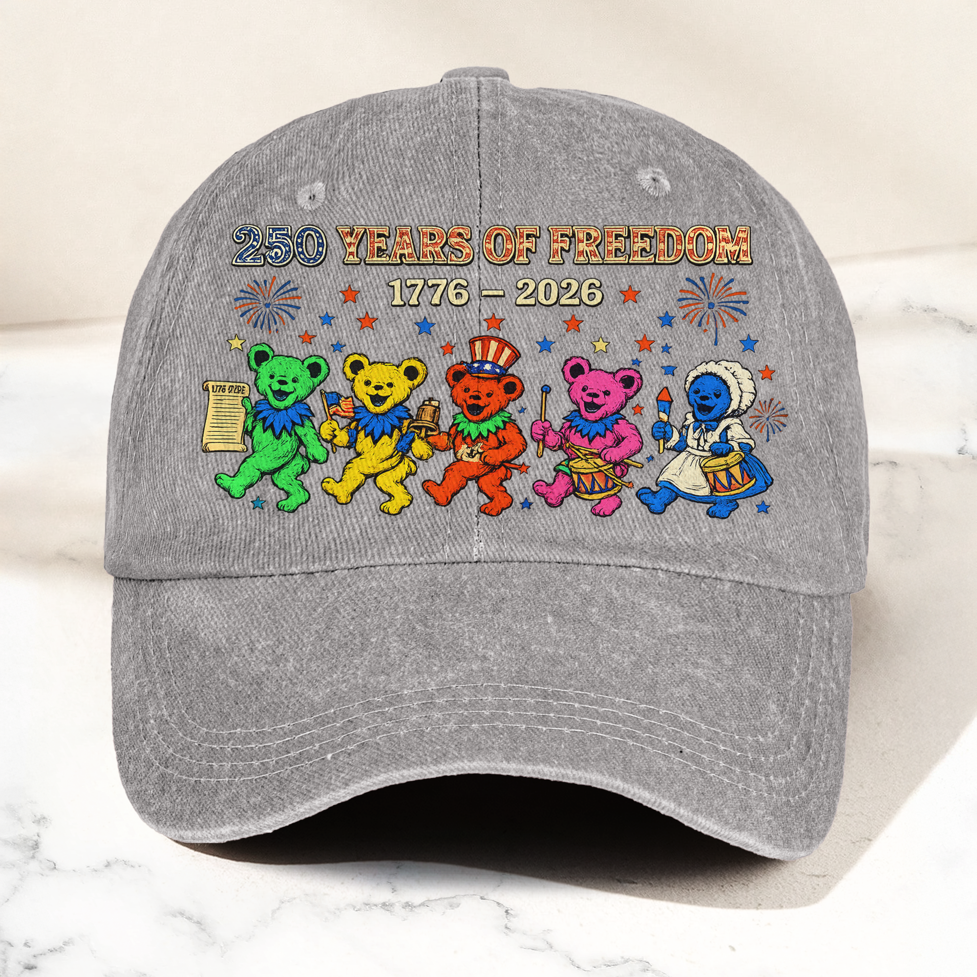 Grateful Dead 250 Years Of Freedom 1776 2026 4th of July Dancing Bears Denim Cap Retro Vintage Dad Cap Gift For Dad (With Box)