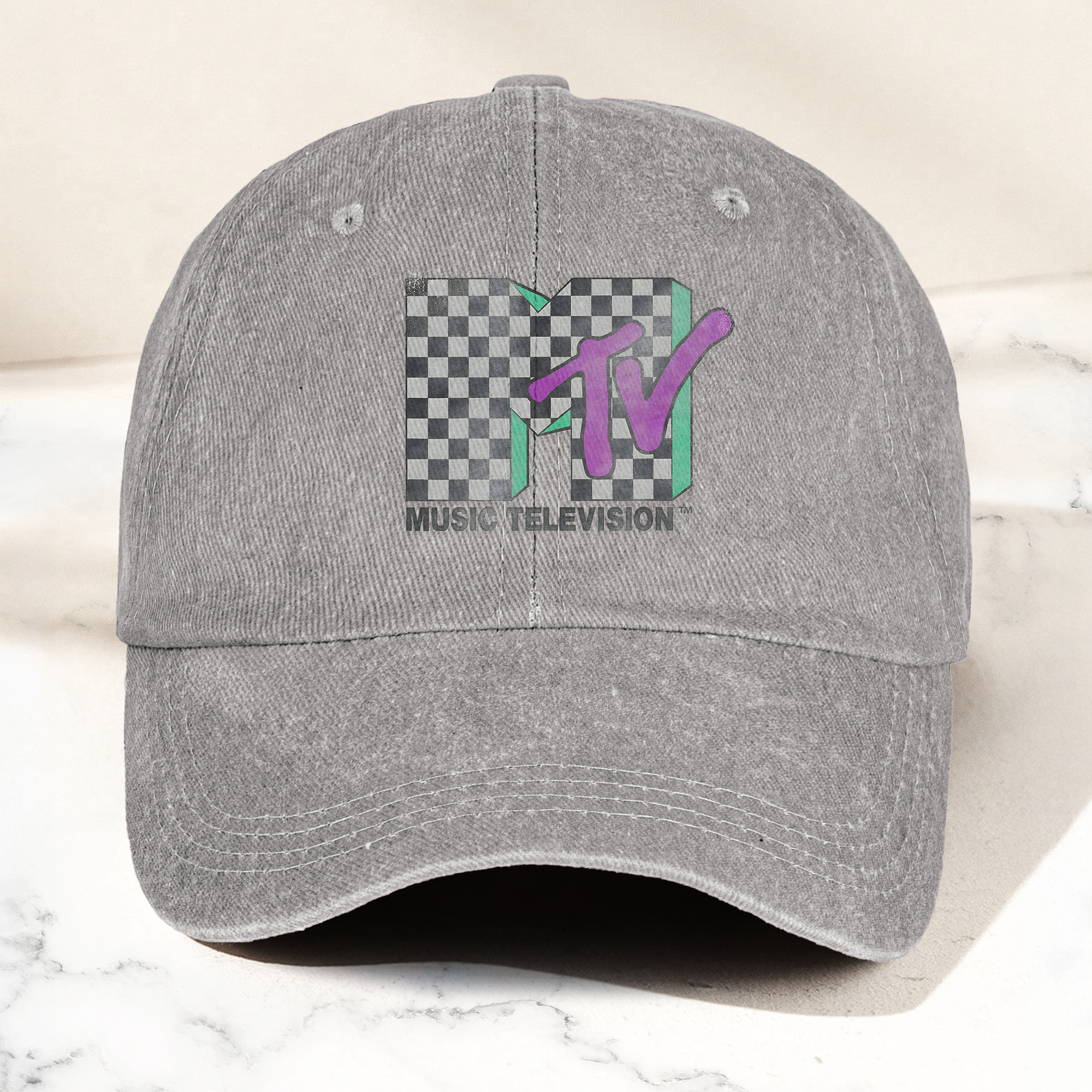 MTV Checkerboard Logo Cap Vintage Washed Hat, Retro 80s Music Television Streetwear Hat (With Box)