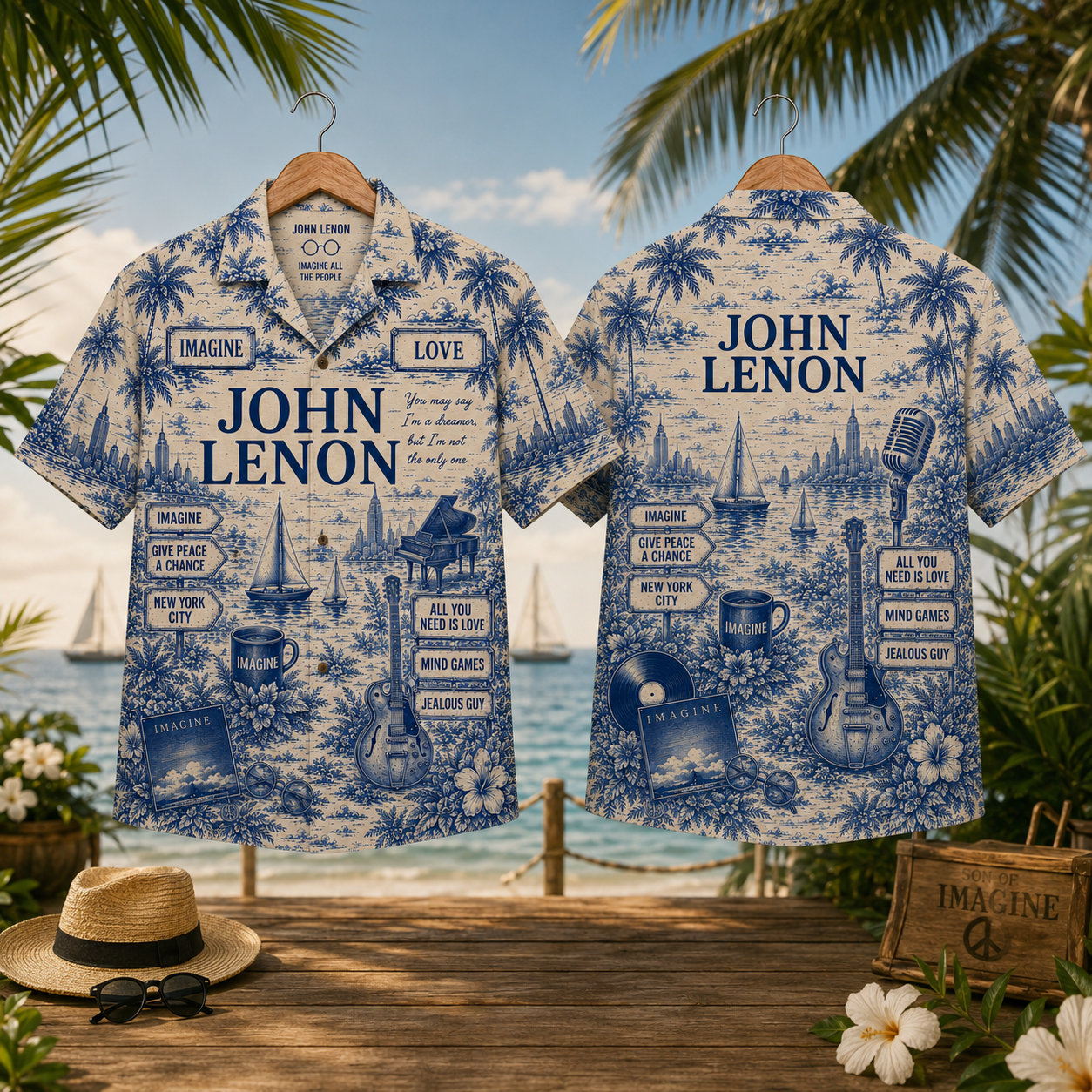 John Lennon Hawaiian Shirt – Vintage Tropical Toile Button-Up Featuring Imagine, Give Peace a Chance & New York-Inspired Artwork