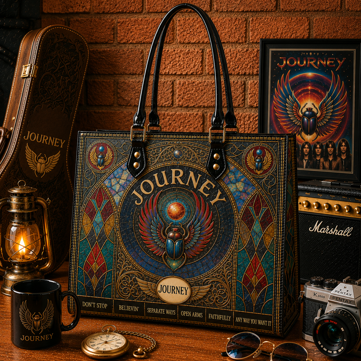 Journey Handbag, Tote Bag and Wallet Set, Stained Glass Scarab Design, Don't Stop Believin' Classic Rock Fan Gift