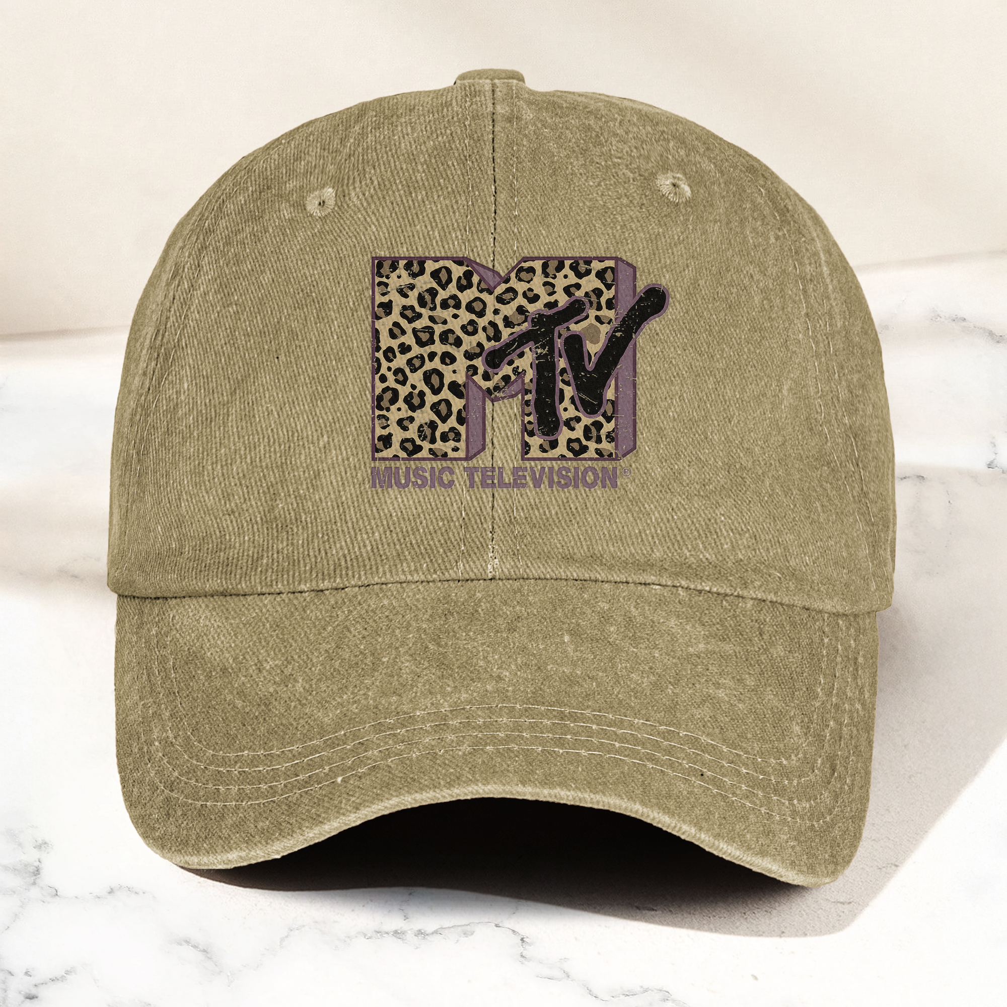 MTV Leopard Logo Cap Vintage Washed Hat, Retro Music Television Minimalist Streetwear Hat (With Box)