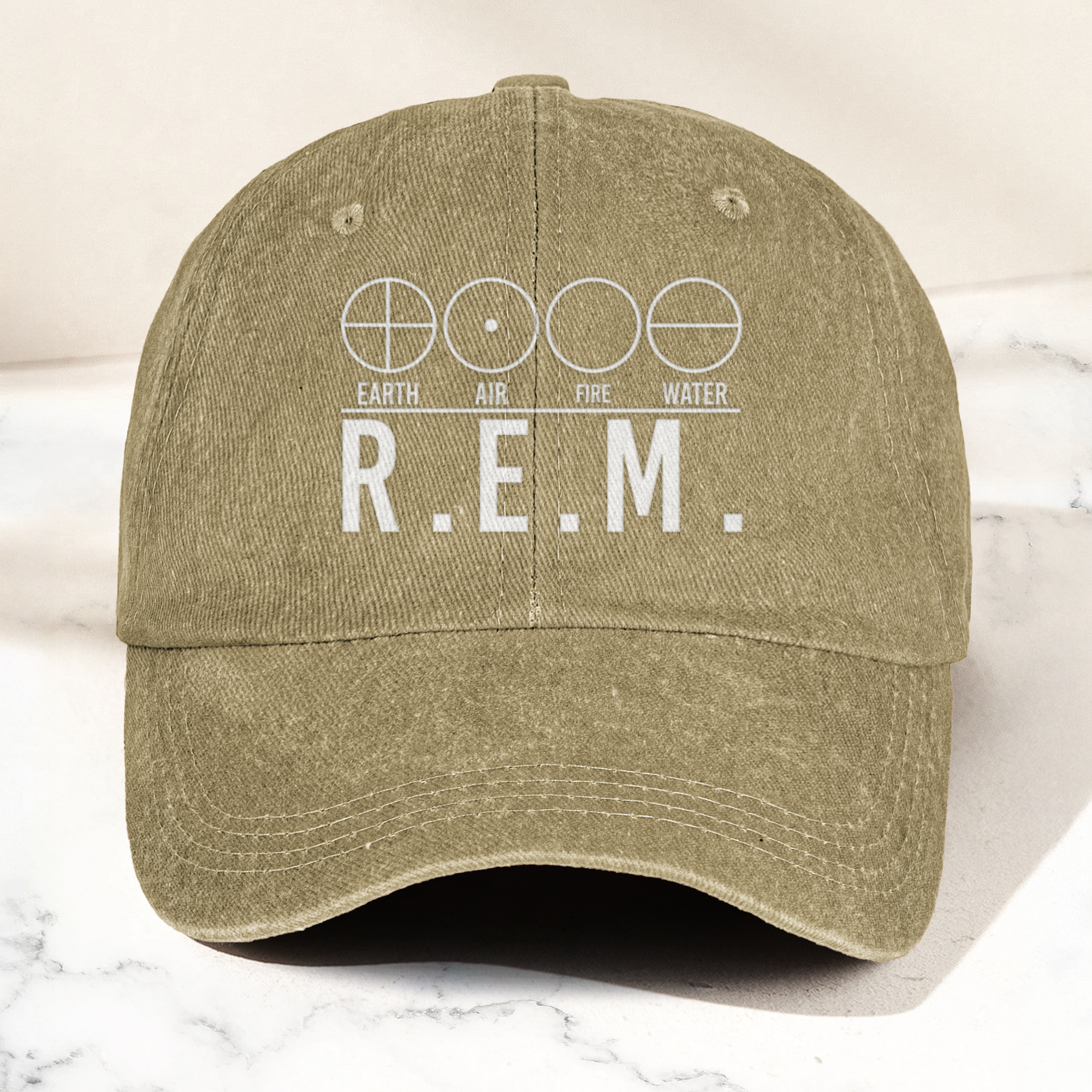 R.E.M Elements Logo Cap Vintage Washed Black Denim Dad Hat, Earth Air Fire Water Minimalist Band Hat (With Box)