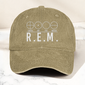 R.E.M Elements Logo Cap Vintage Washed Black Denim Dad Hat, Earth Air Fire Water Minimalist Band Hat (With Box)
