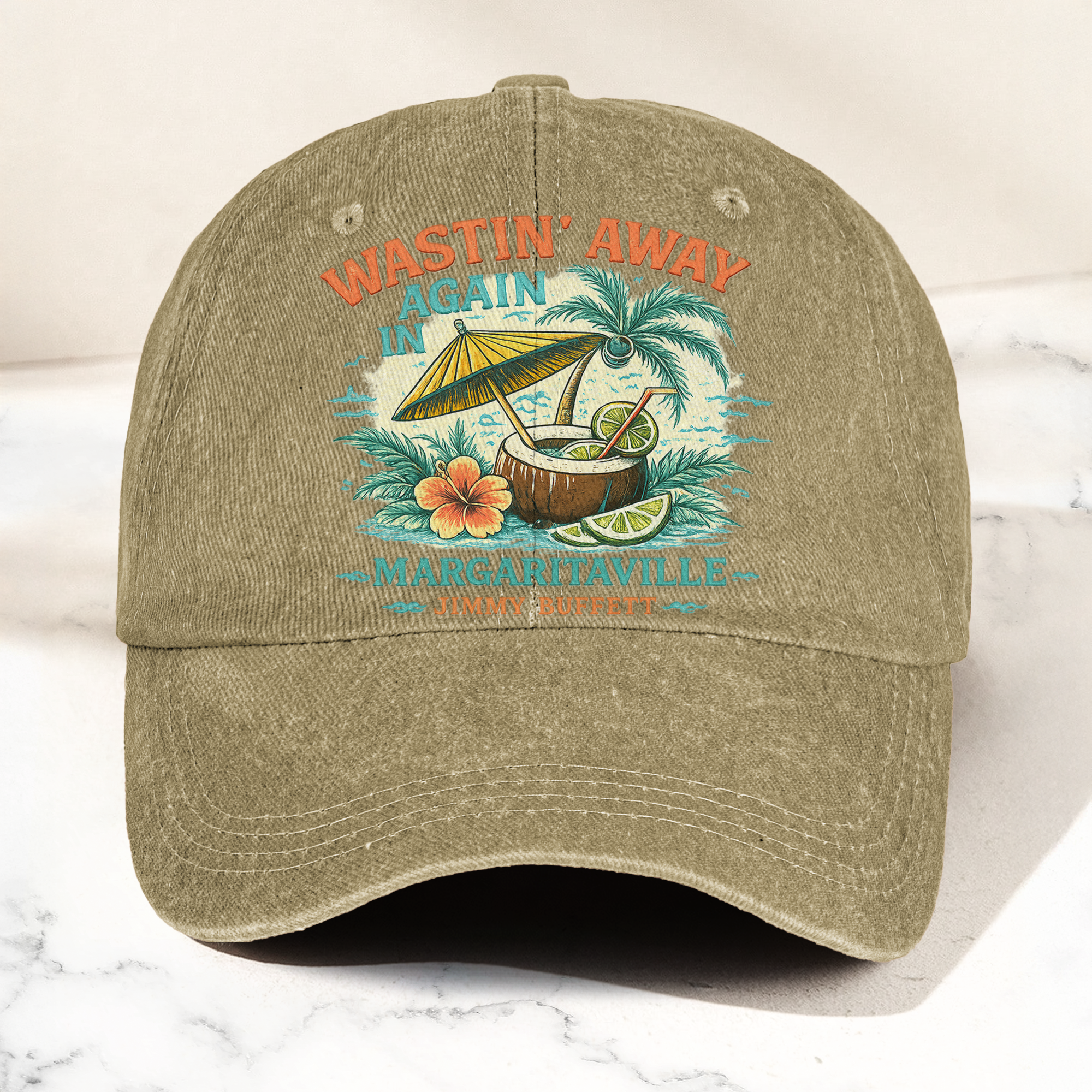 Jimmy Buffett Margaritaville Wastin Away Again Tropical Cocktail Beach Denim Cap Retro Vintage Dad Cap Gift For Dad (With Box)