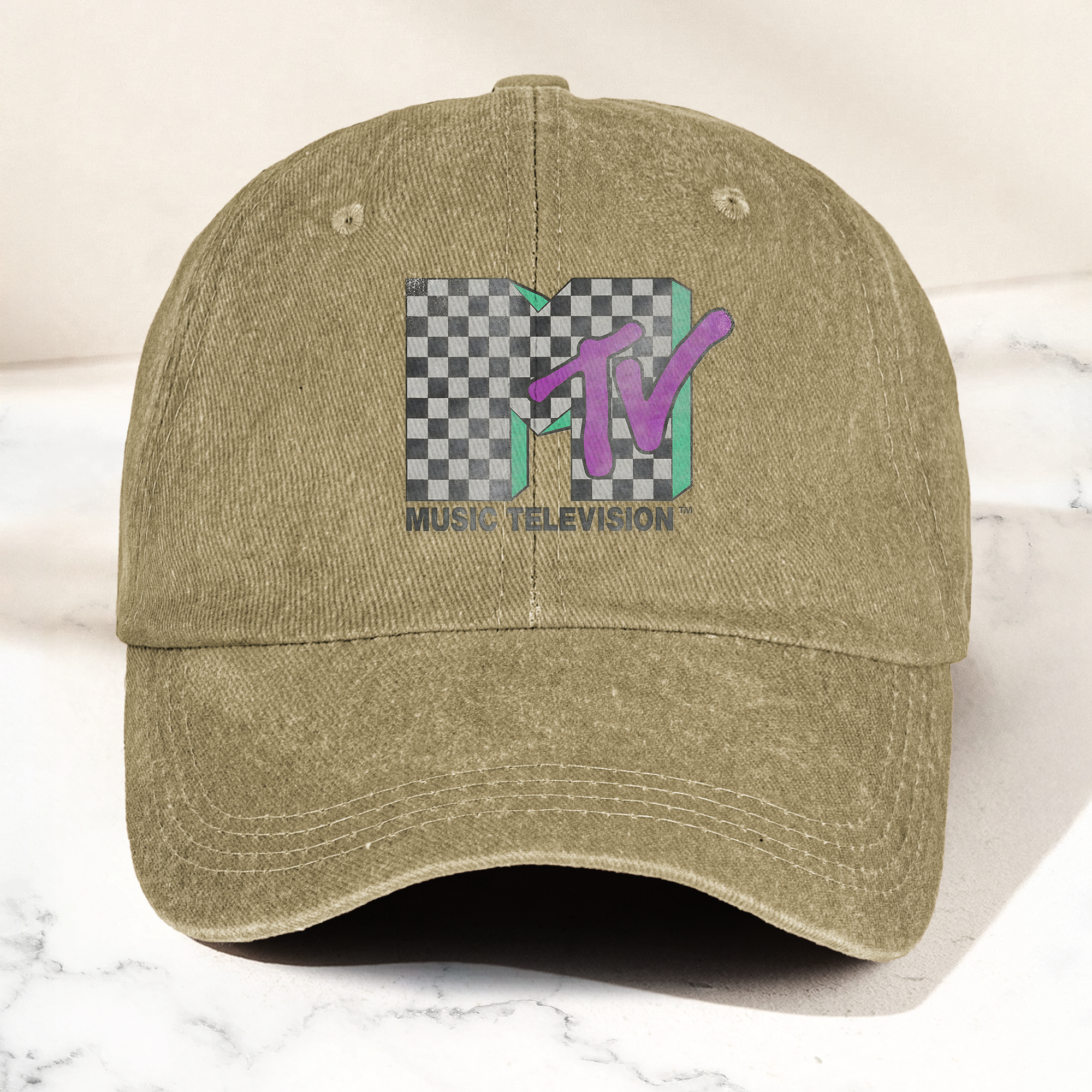 MTV Checkerboard Logo Cap Vintage Washed Hat, Retro 80s Music Television Streetwear Hat (With Box)