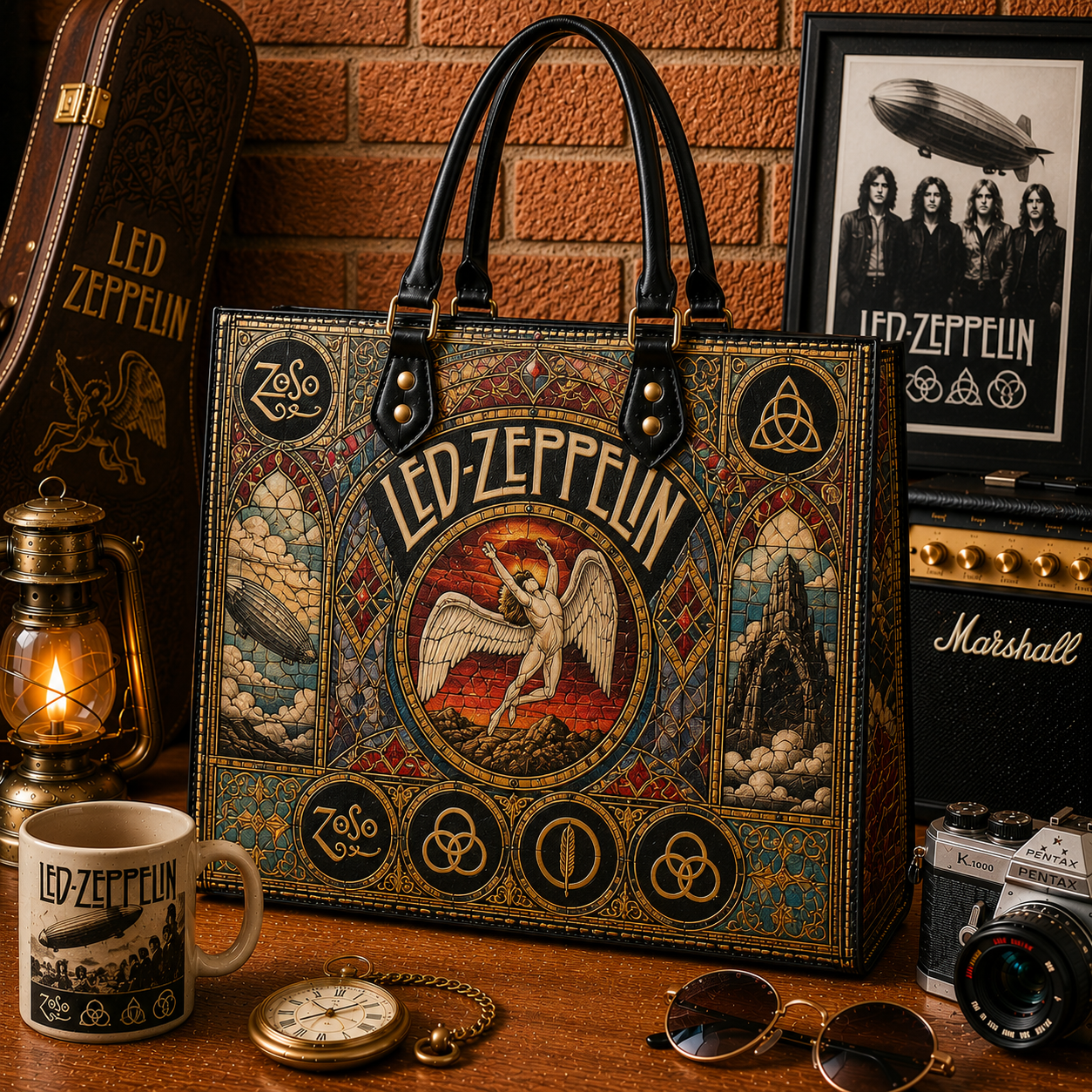 Led Zeppelin Leather Handbag, Tote Bag and Wallet Set, Vintage Stained Glass Swan Song Design, Classic Rock Music Fan Gift