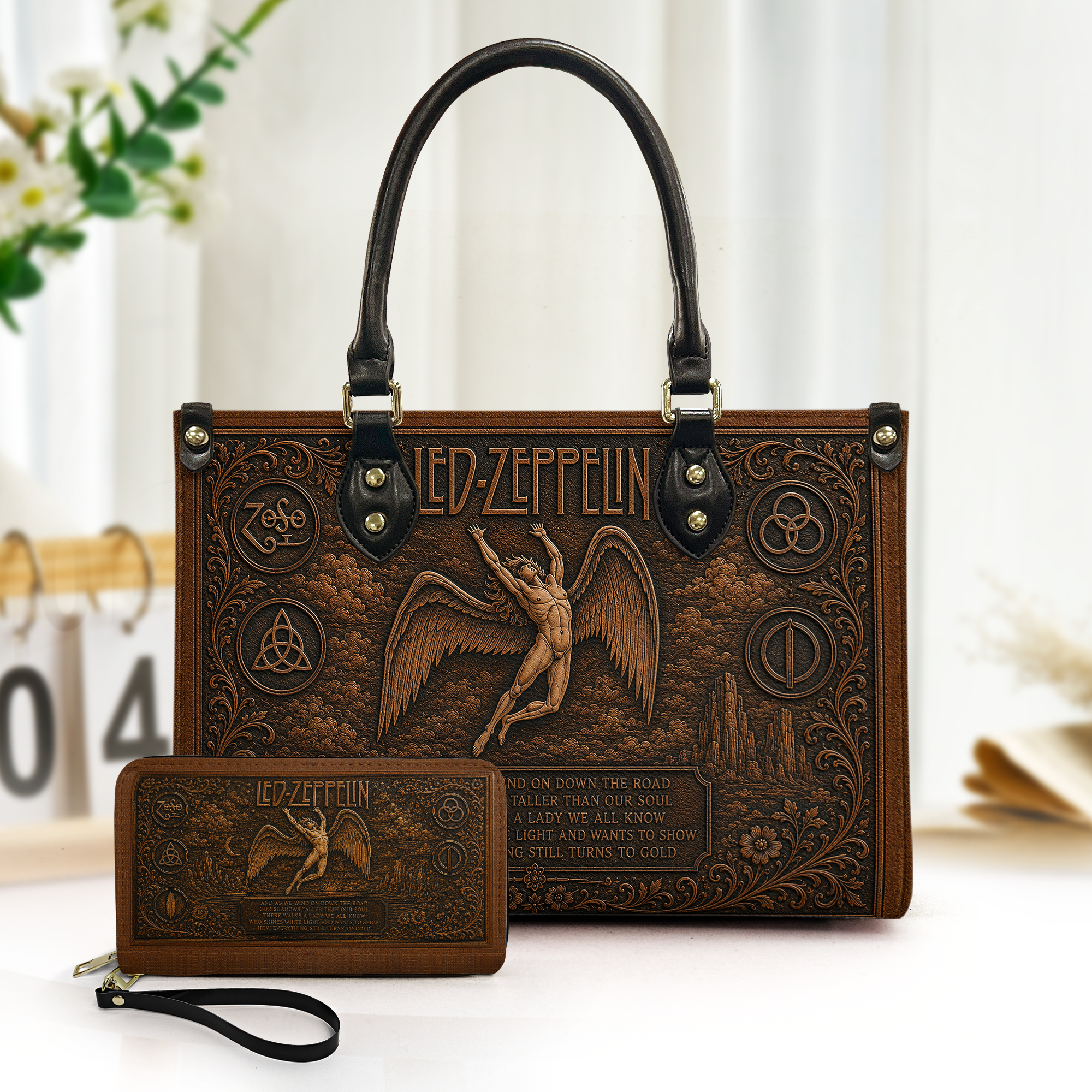 Led Zeppelin Handbag, Tote Bag and Wallet Set, Stairway to Heaven Inspired Vintage Rock Music Accessories