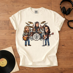 Rush Inspired Caricature Comfort Tee Vintage Progressive Rock Band Shirt, Funny Music Fan Gift, Classic Rock T-Shirt