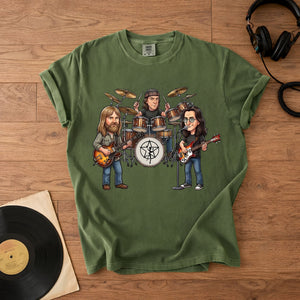 Rush Inspired Caricature Comfort Tee Vintage Progressive Rock Band Shirt, Funny Music Fan Gift, Classic Rock T-Shirt