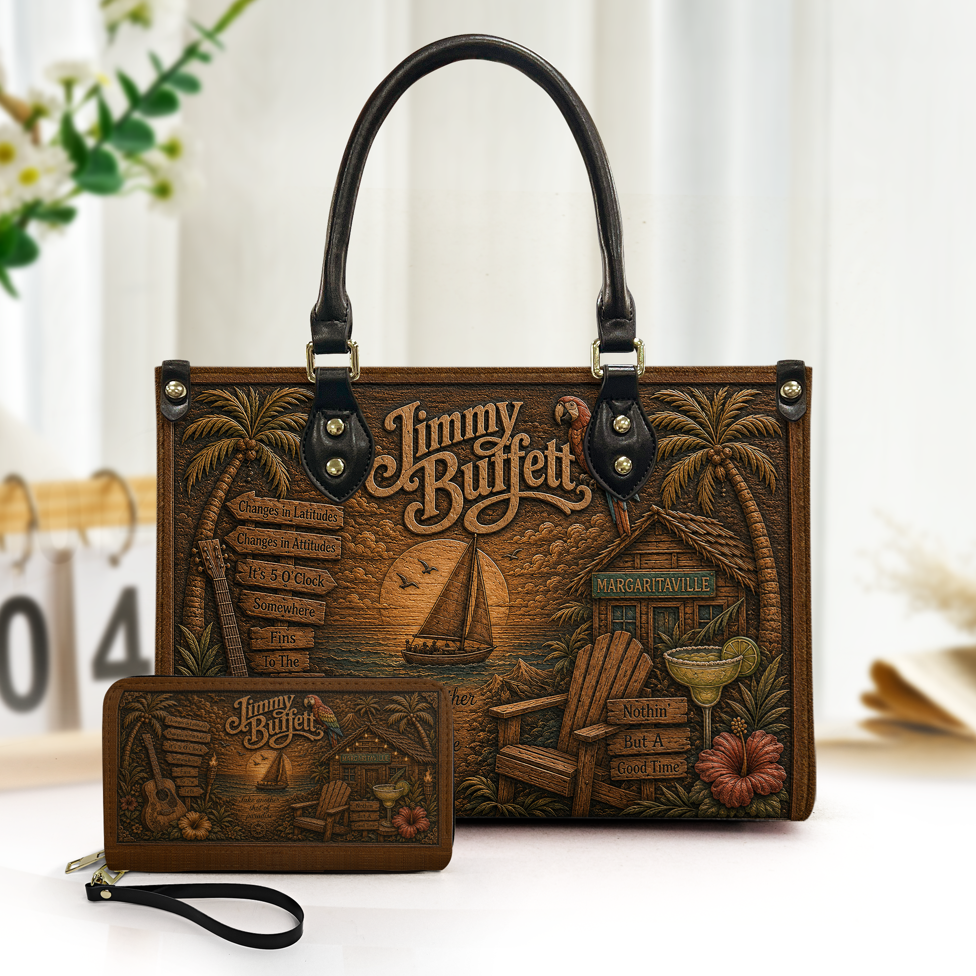 Jimmy Buffett Leather Handbag, Leather Tote Bag, Leather Wallet Set - Fan Gift, Luxury Rock Music Accessories