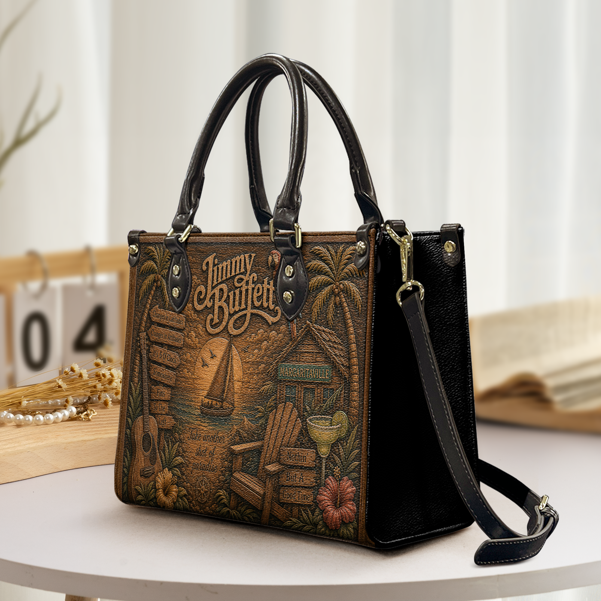 Jimmy Buffett Leather Handbag, Leather Tote Bag, Leather Wallet Set - Fan Gift, Luxury Rock Music Accessories