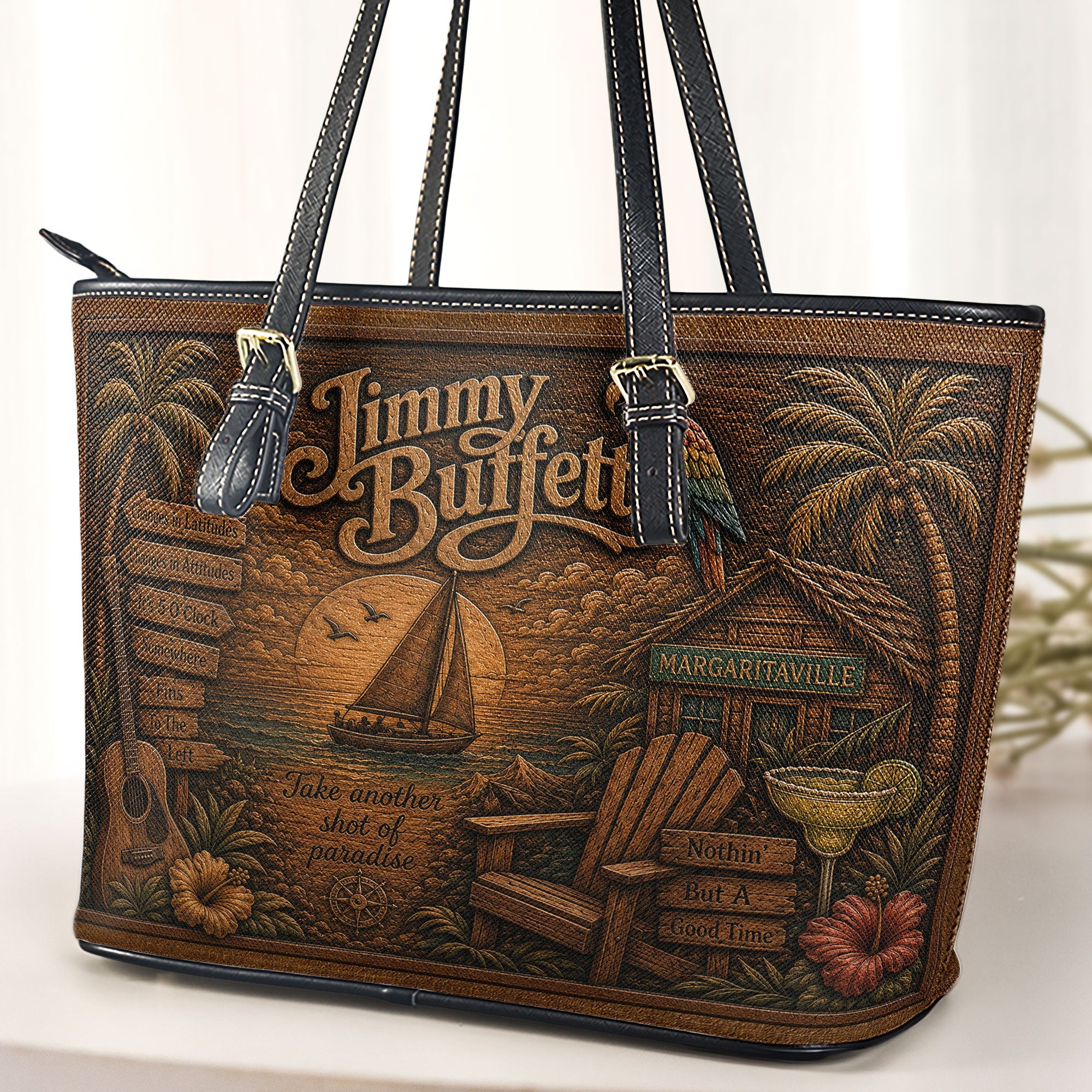 Jimmy Buffett Leather Handbag, Leather Tote Bag, Leather Wallet Set - Fan Gift, Luxury Rock Music Accessories