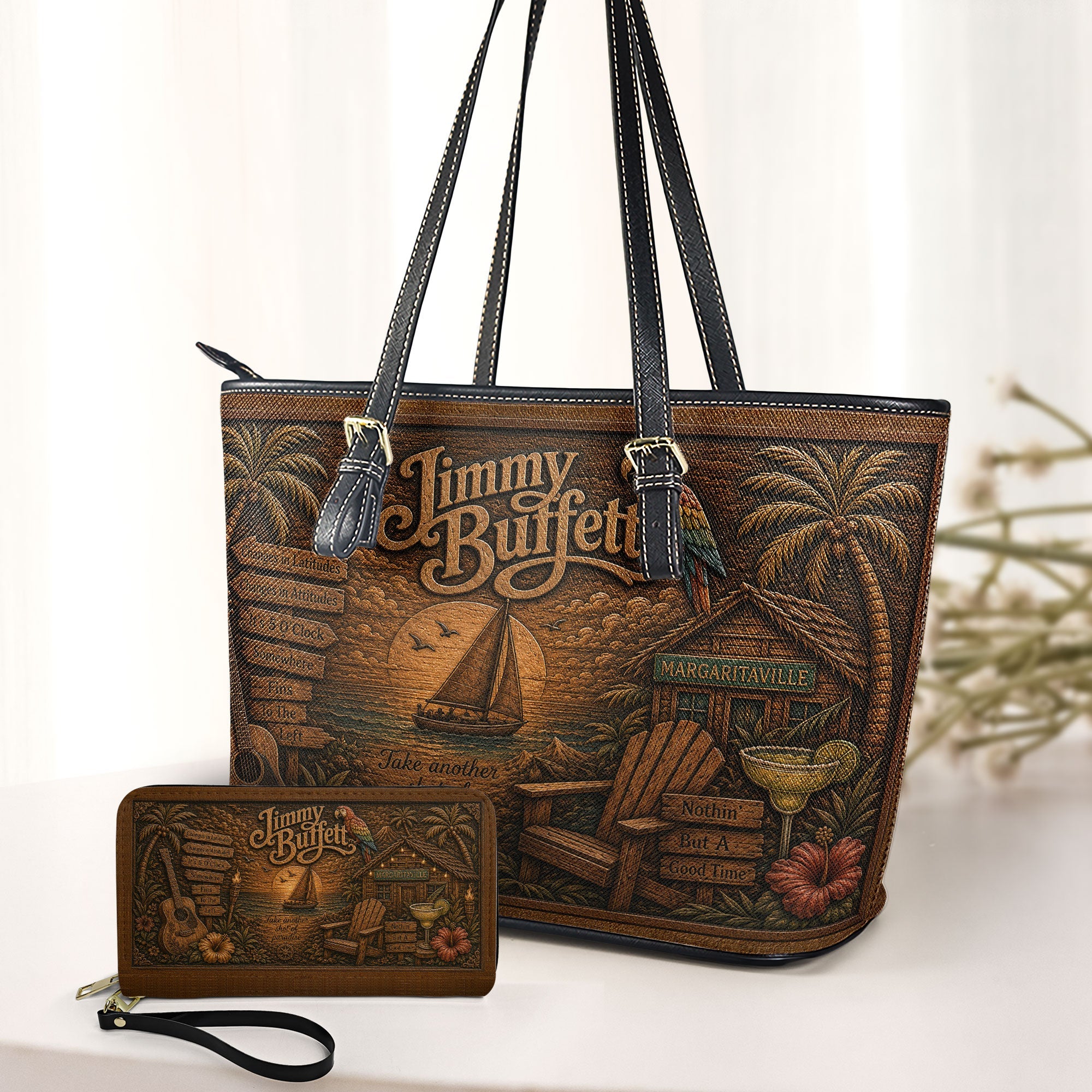 Jimmy Buffett Leather Handbag, Leather Tote Bag, Leather Wallet Set - Fan Gift, Luxury Rock Music Accessories