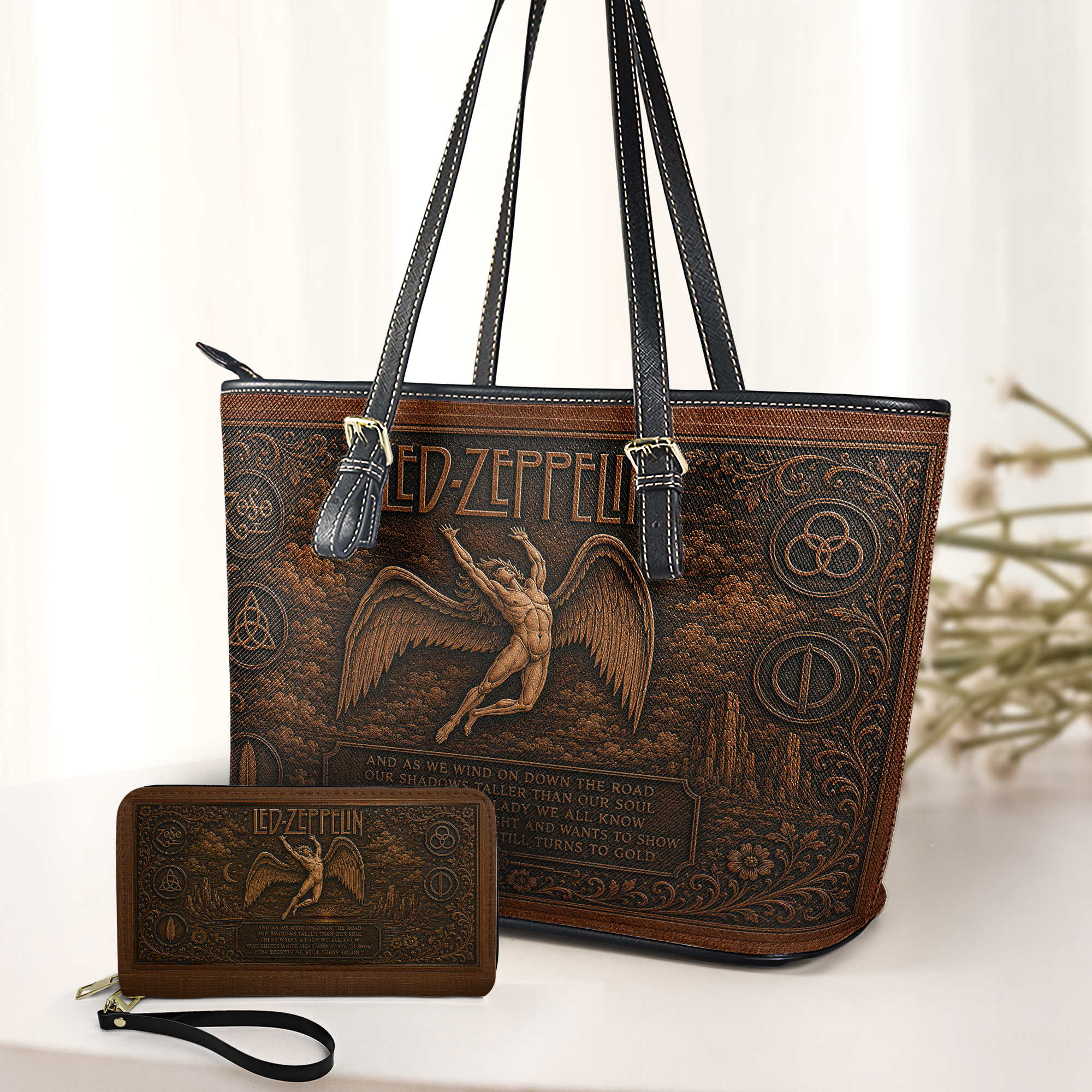 Led Zeppelin Handbag, Tote Bag and Wallet Set, Stairway to Heaven Inspired Vintage Rock Music Accessories