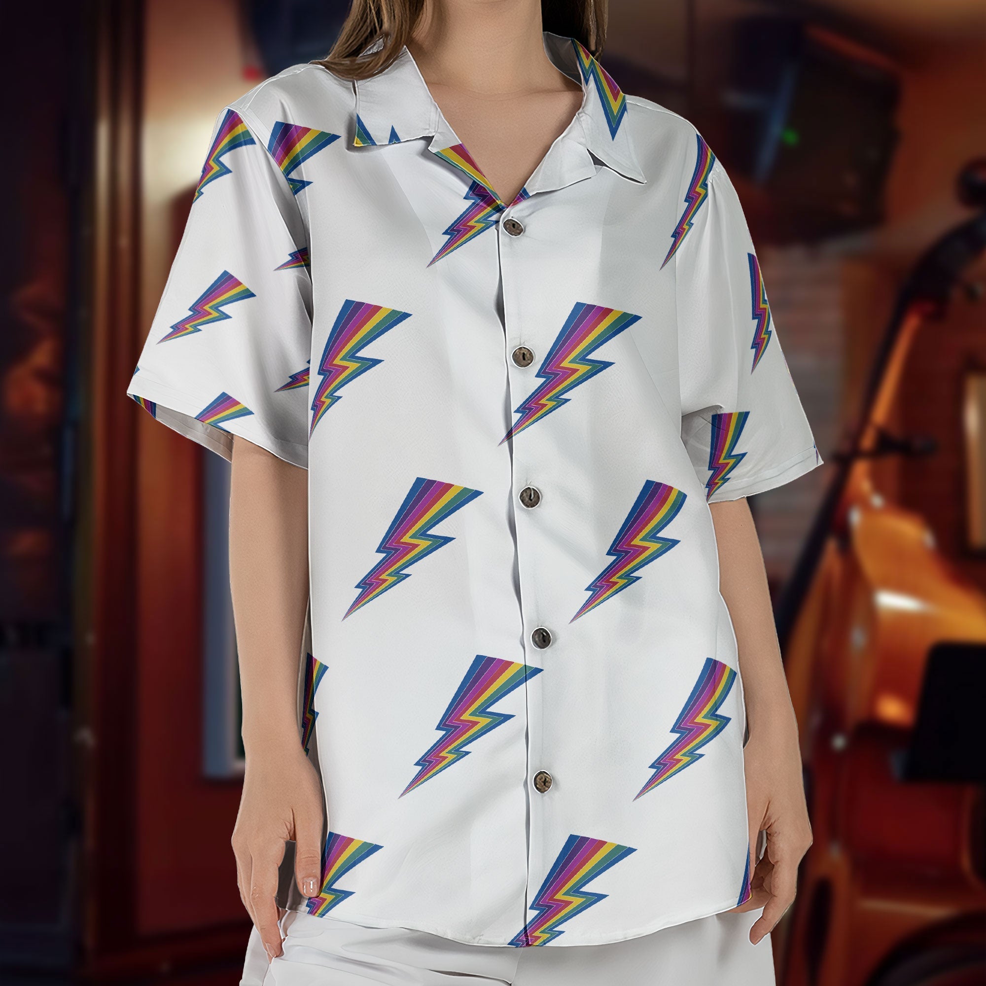 Rainbow Lightning Bolt Unisex Hawaiian Shirt – Retro Pattern Hawaiian Button-Up Shirt