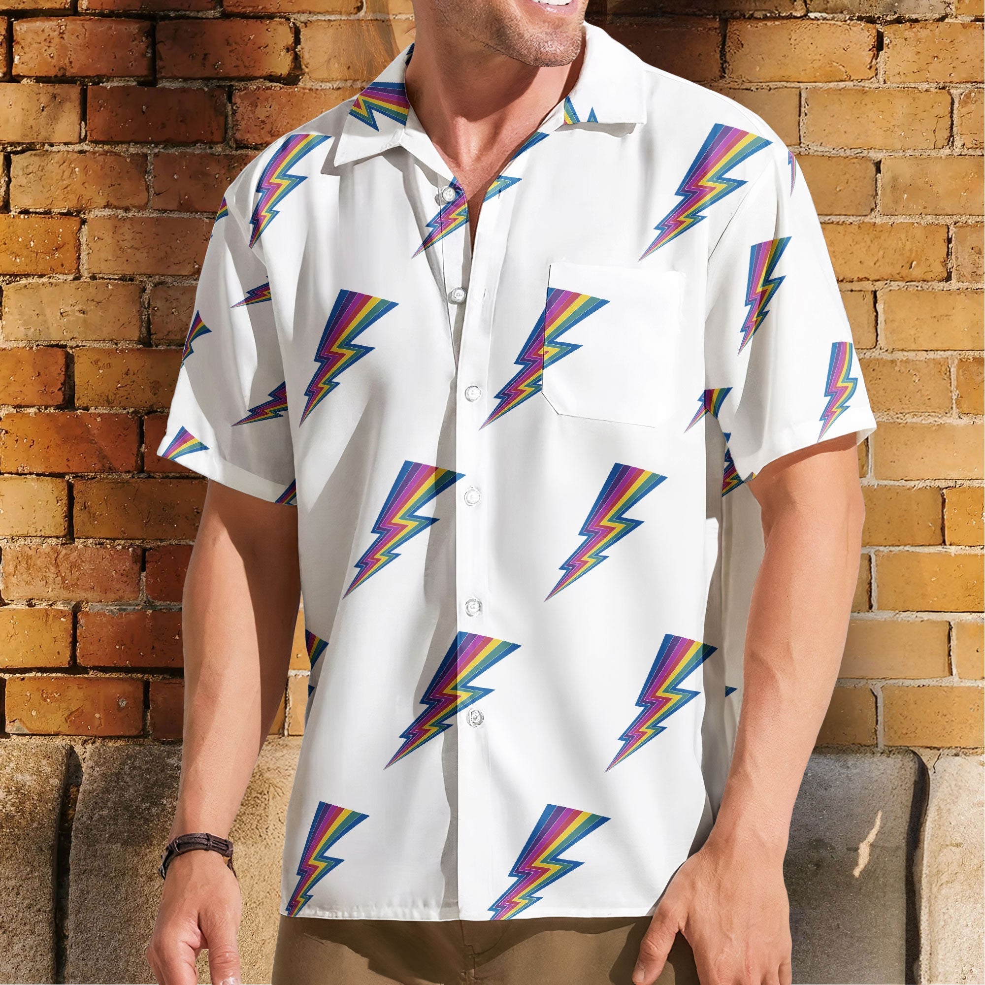 Rainbow Lightning Bolt Unisex Hawaiian Shirt – Retro Pattern Hawaiian Button-Up Shirt