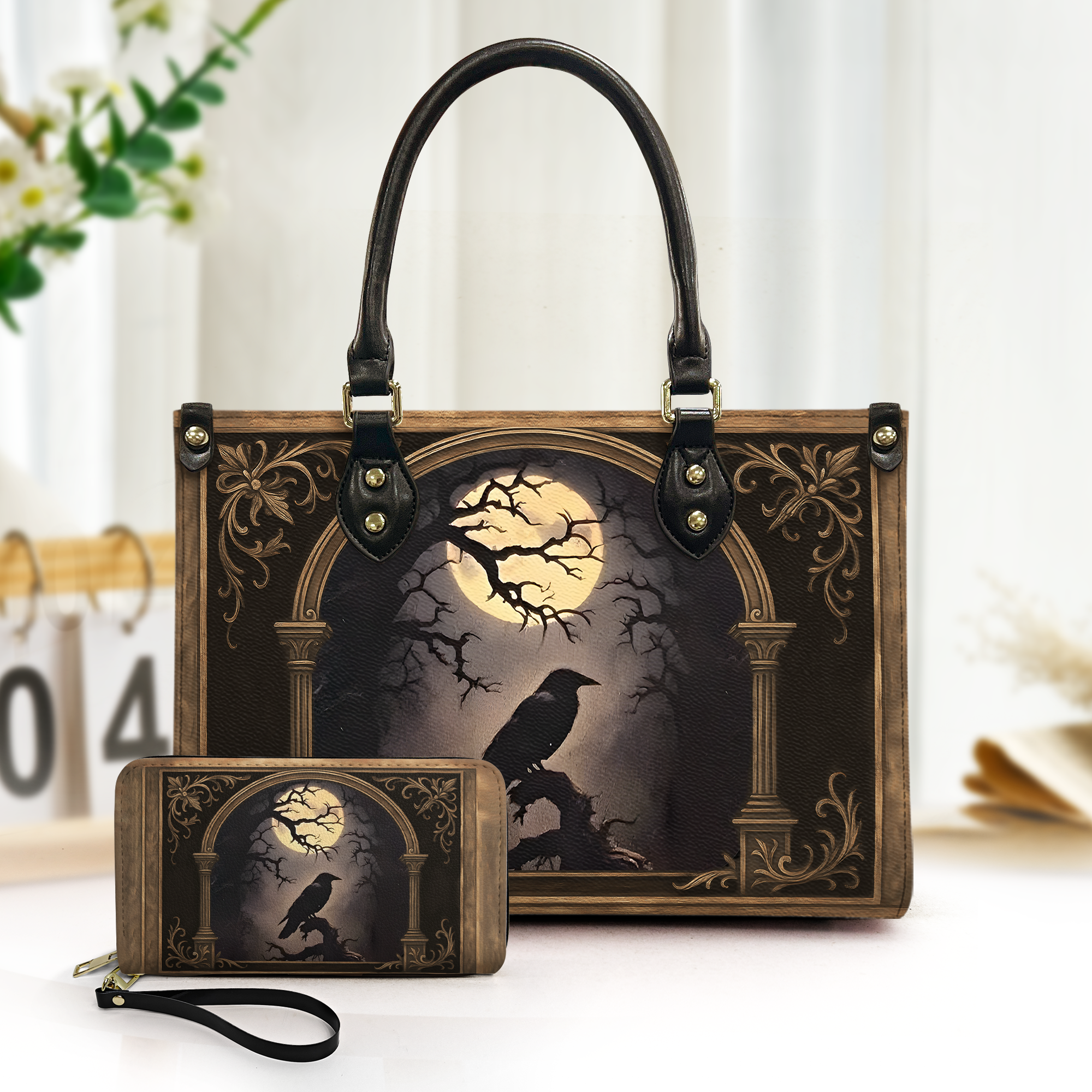 Raven Grimoire Leather Journal Gothic Leather Handbag & Wallet Set