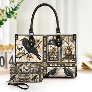 Gothic Raven & Vintage Cage Leather Handbag with Wallet Dark Elegance Tote