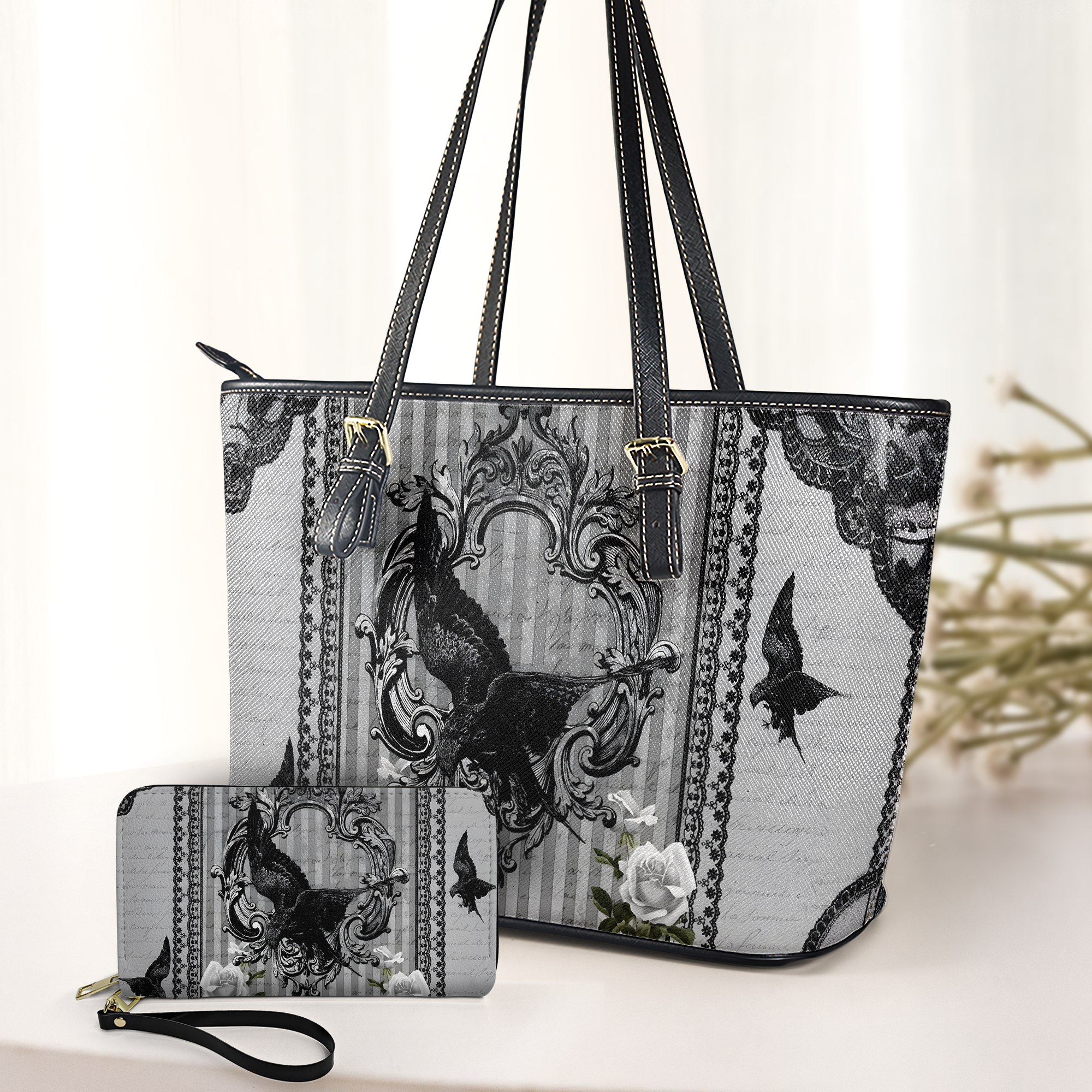 The Raven Gothic Leather Handbag & Wallet Set Whispers of Poe’s Midnight