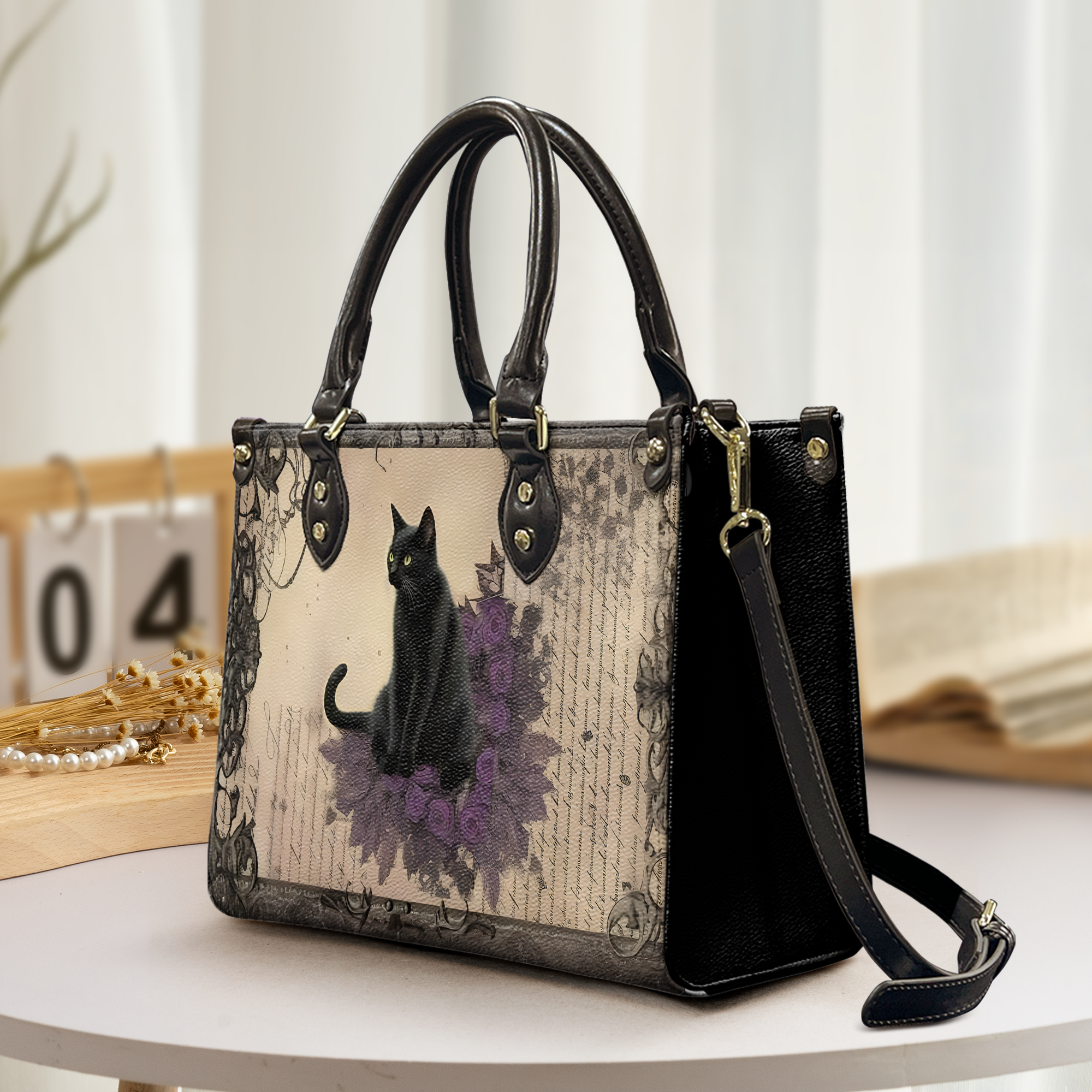 Mystic Black Cat Leather Handbag & Wallet Set
