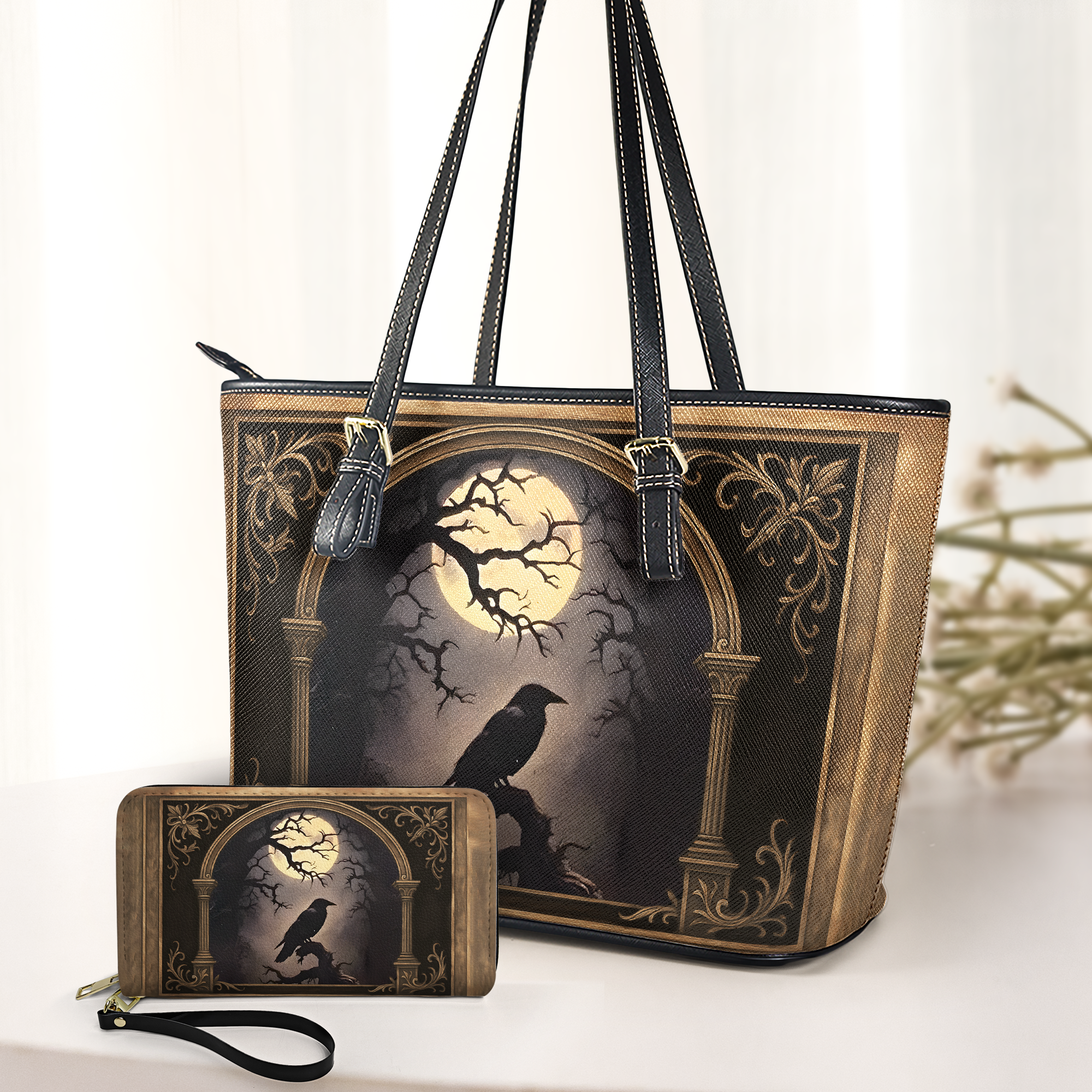 Raven Grimoire Leather Journal Gothic Leather Handbag & Wallet Set