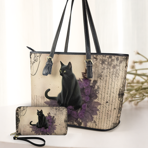 Mystic Black Cat Leather Handbag & Wallet Set