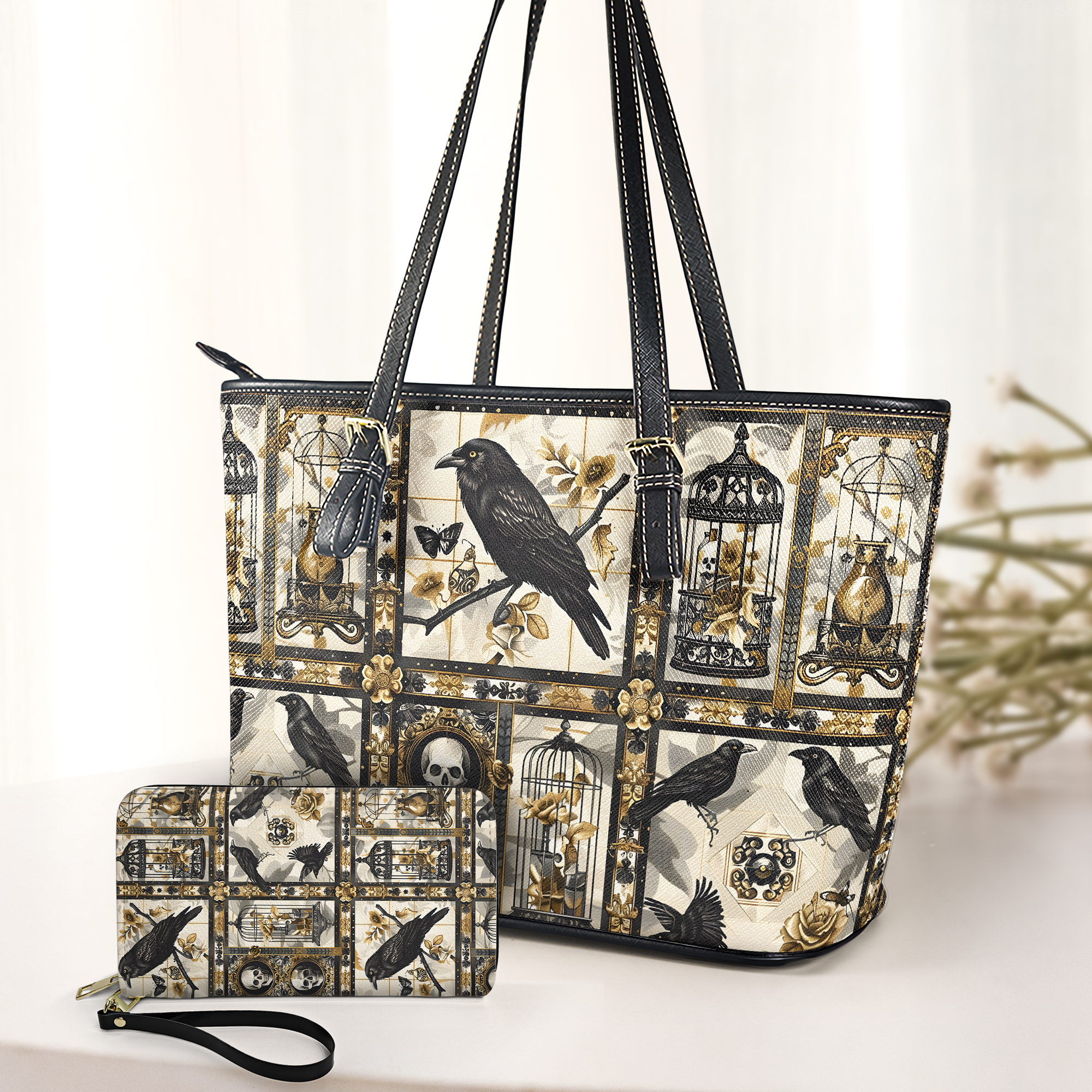 Gothic Raven & Vintage Cage Leather Handbag with Wallet Dark Elegance Tote