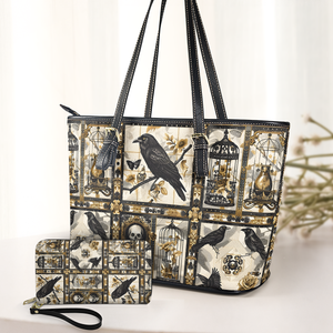 Gothic Raven & Vintage Cage Leather Handbag with Wallet Dark Elegance Tote