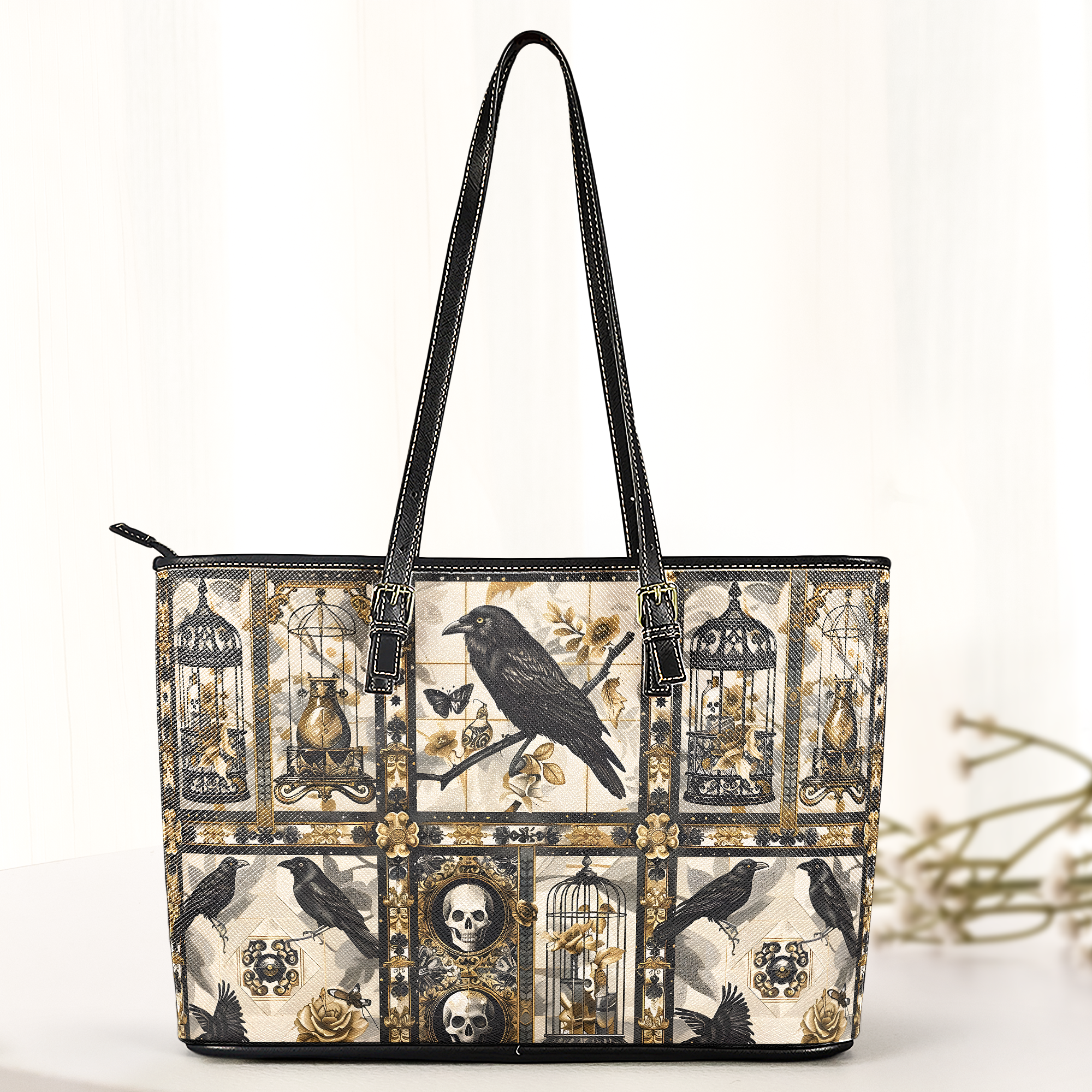 Gothic Raven & Vintage Cage Leather Handbag with Wallet Dark Elegance Tote
