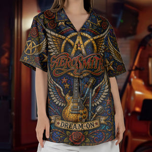 Aerosmith Hawaiian Shirt - Unisex Dream On Cathedral Window Winged Logo Button Up