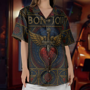 Bon Jovi Stained Glass Hawaiian Shirt - Unisex Classic Rock Heart Dagger Button Up