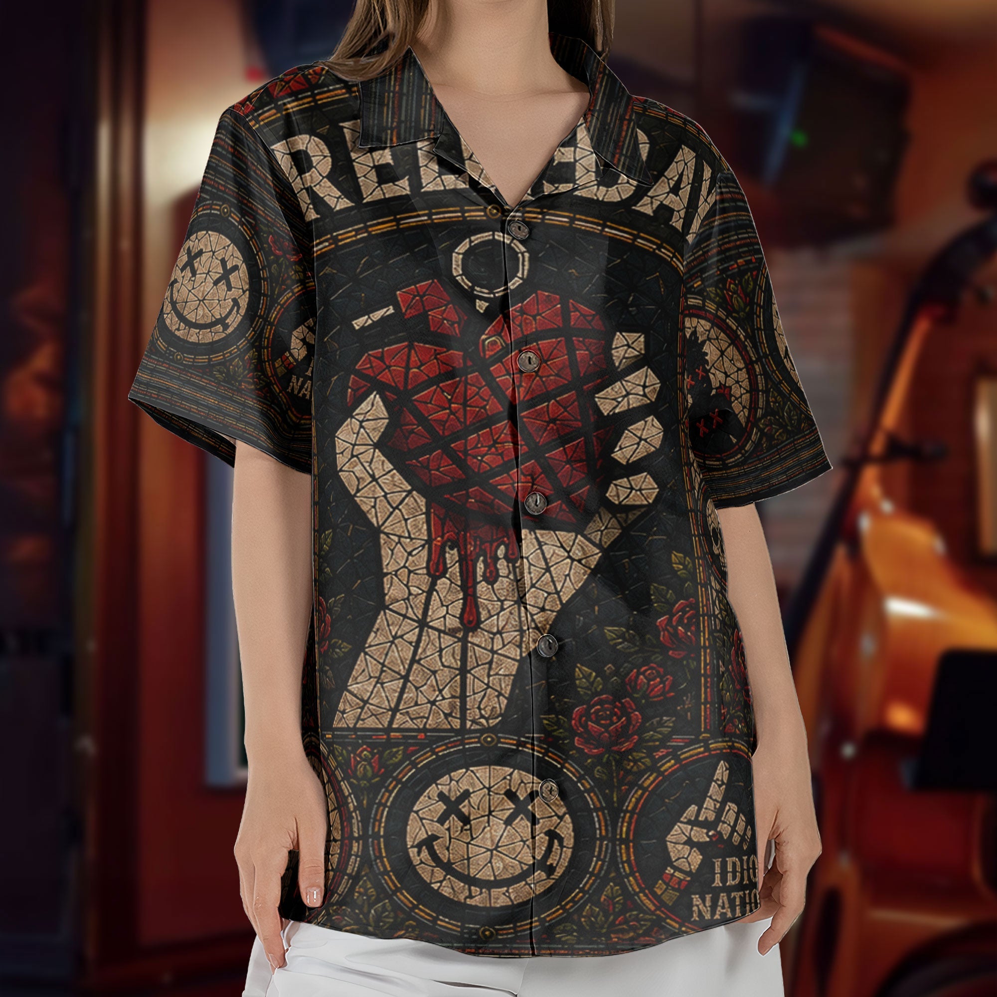 Green Day Gothic Stained Glass Hawaiian Shirt - Unisex Pop Punk Concert Summer Button Up Shirt