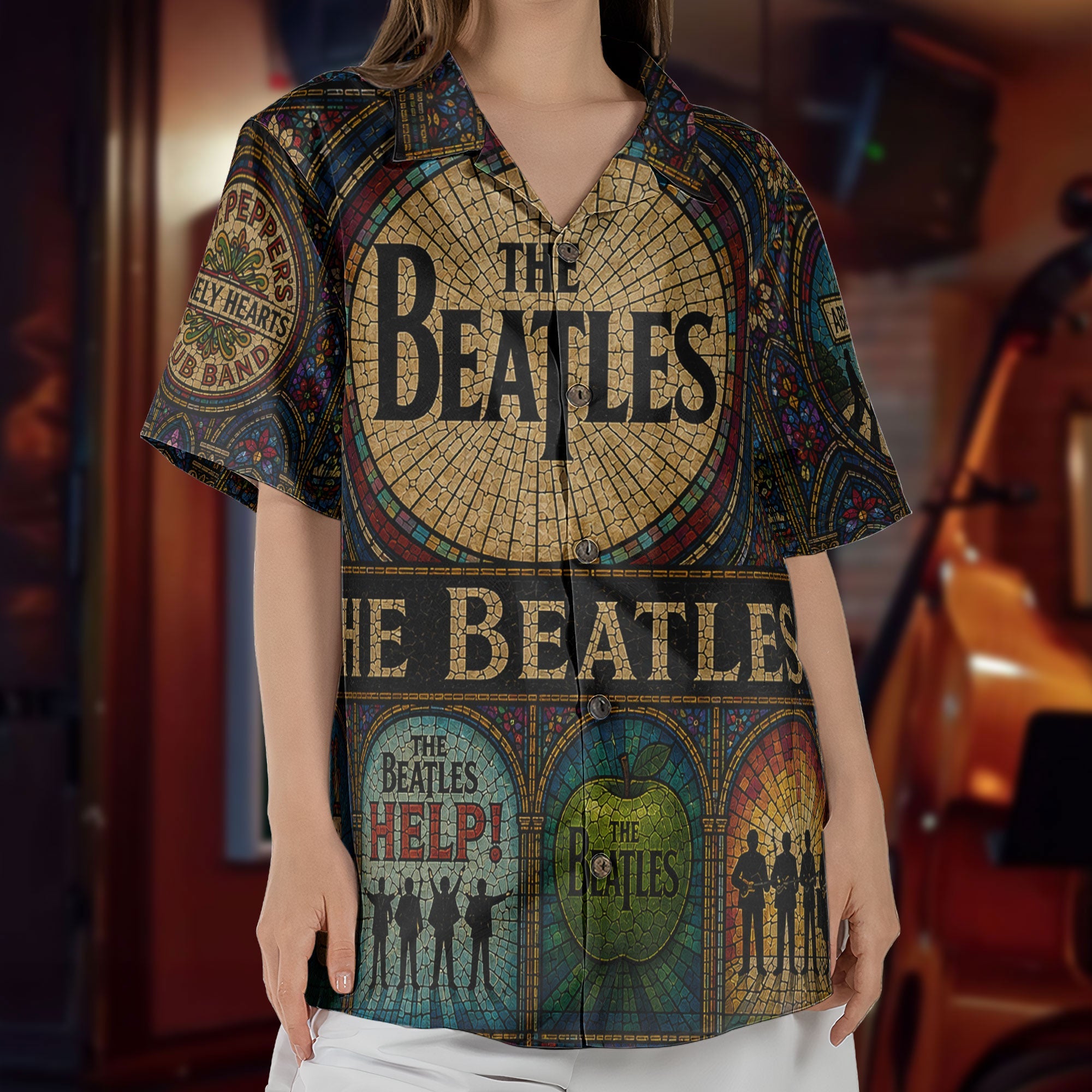 The Beatles Hawaiian Shirt - Unisex Retro Yellow Submarine Cathedral Window Button Up
