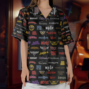 Hard Rock Band Logos Hawaiian Shirt - Unisex Retro Rock Concert Black Summer Beach Button Up