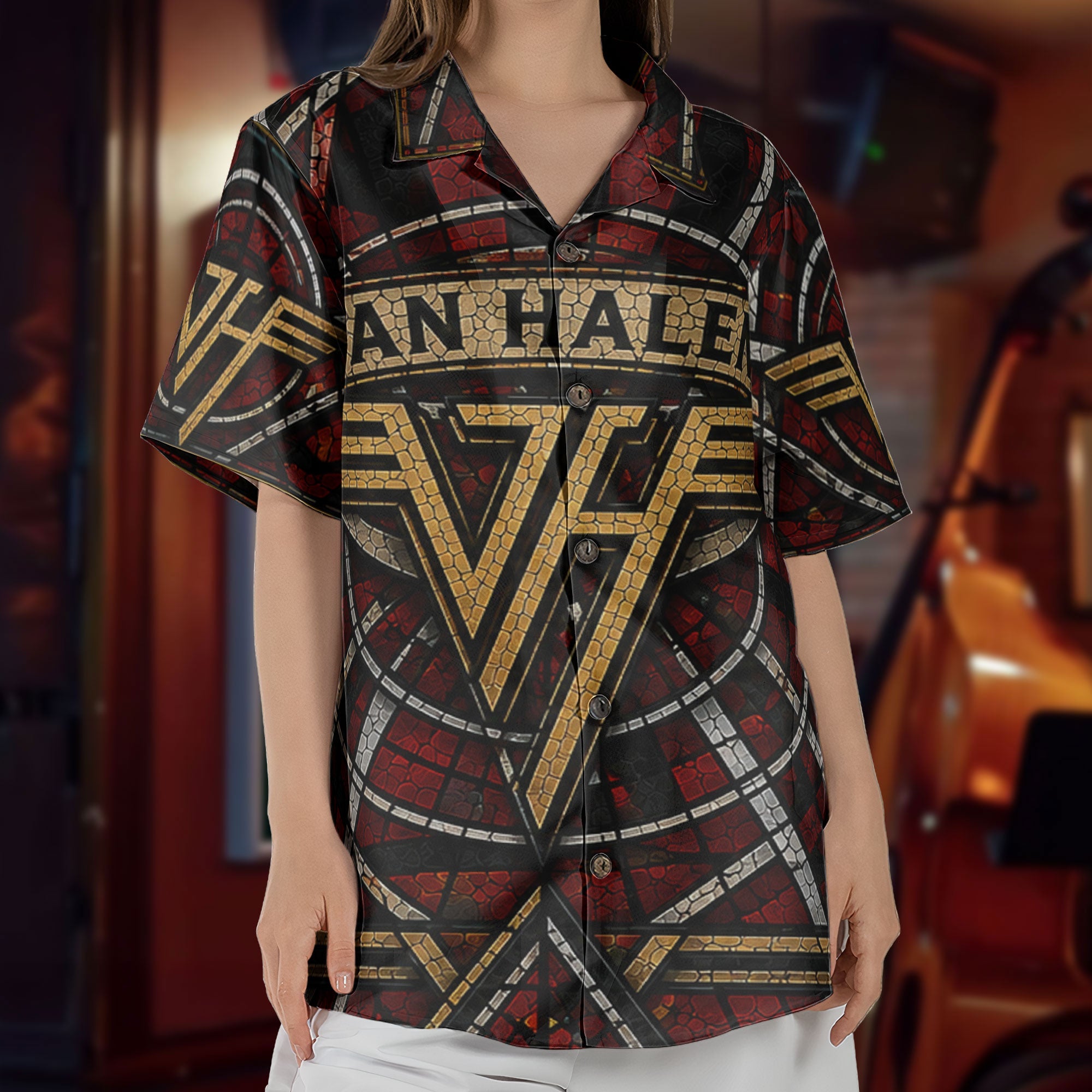 Van Halen Hawaiian Shirt - Unisex Retro Winged VH Logo Cathedral Window Button Up