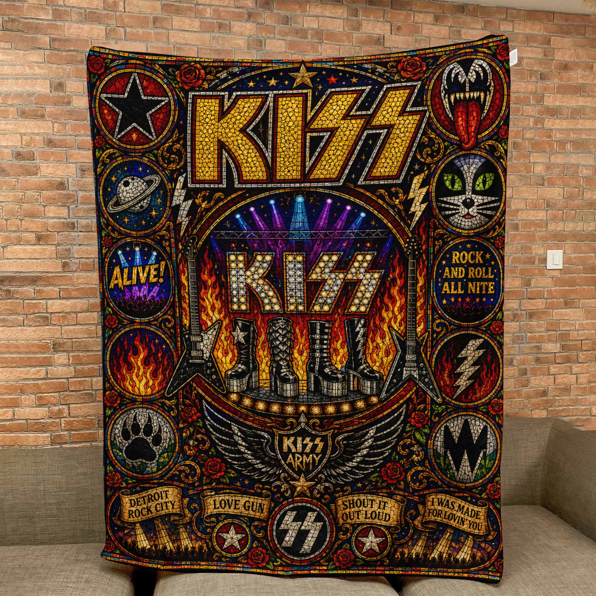 KISS Band Sherpa Blanket Detroit Rock City Stained Glass Blanket