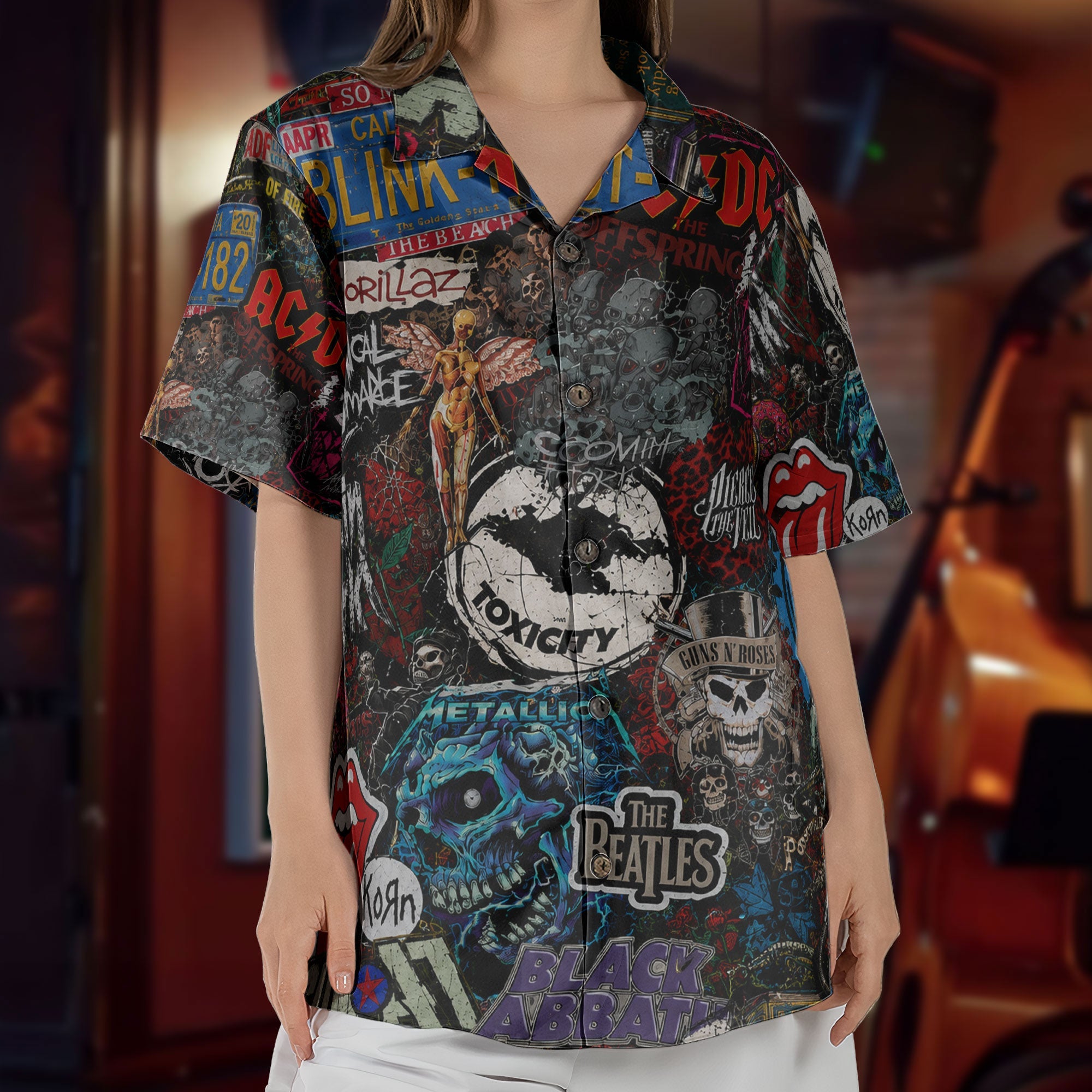 Rock Band Collage Hawaiian Shirt - Unisex Heavy Metal Grunge Summer Button Up - The Beatles Black Sabbath Concert Merch