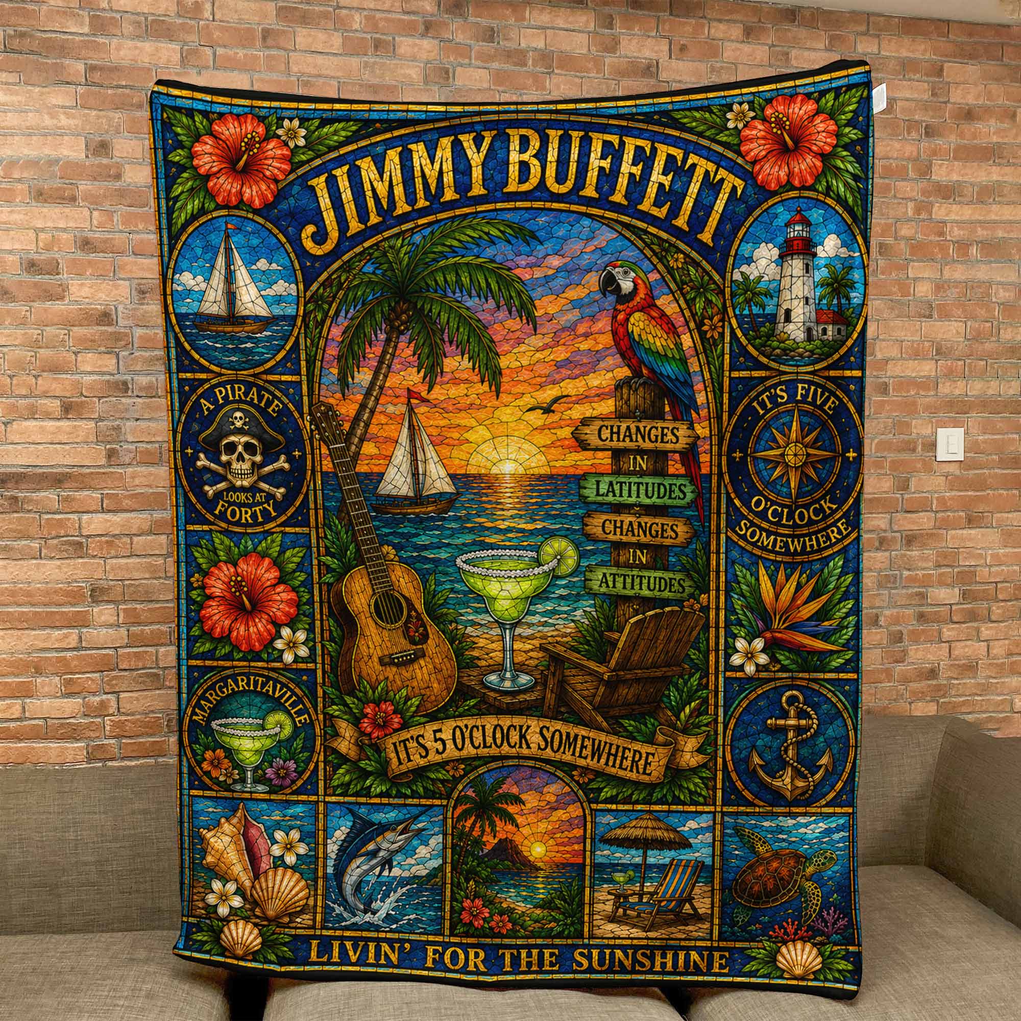 Jimmy Buffett Sherpa Blanket Margaritaville Stained Glass Blanket
