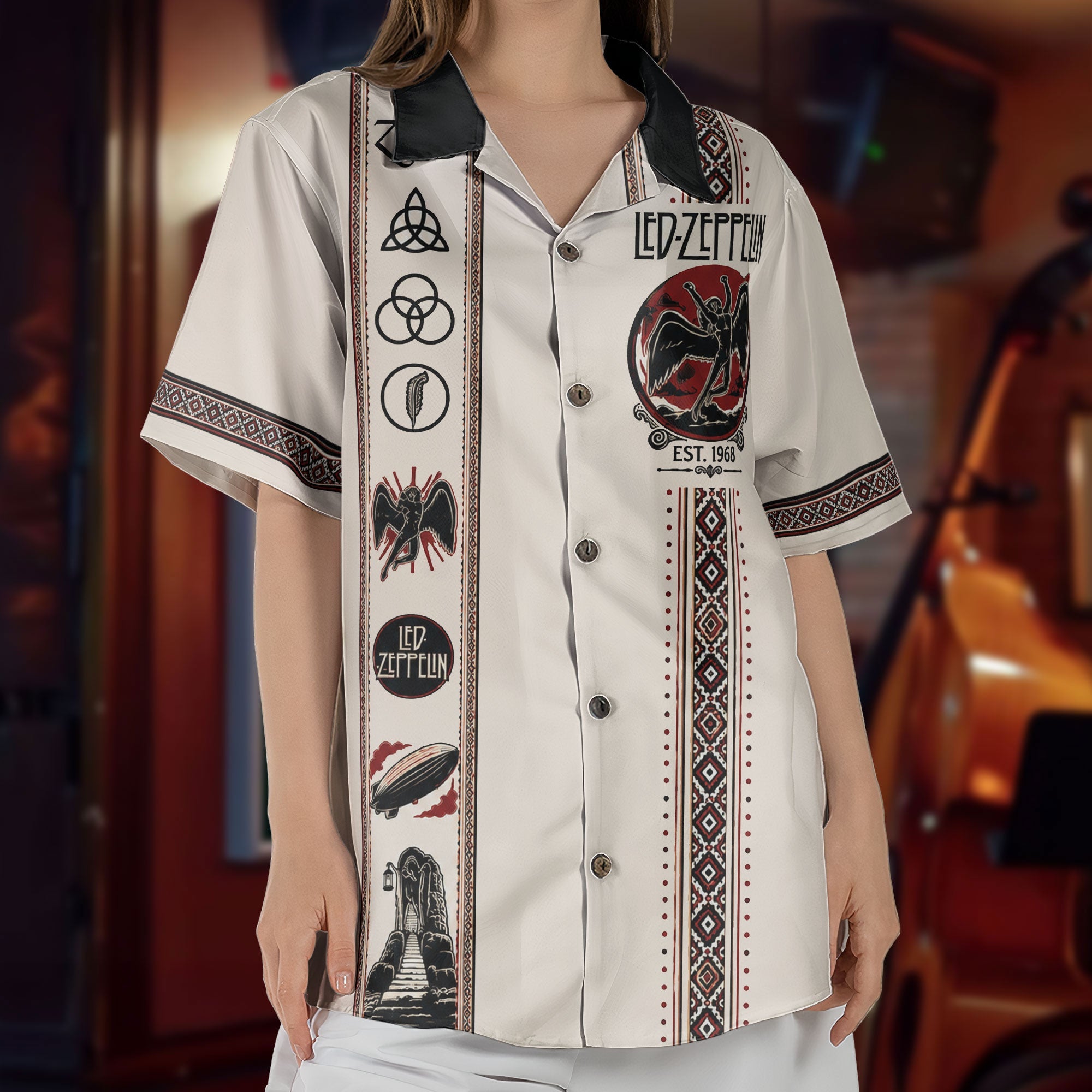 Led Zeppelin Hawaiian Shirt - Unisex Light Cream Vertical Stripe Swan Song Button Up