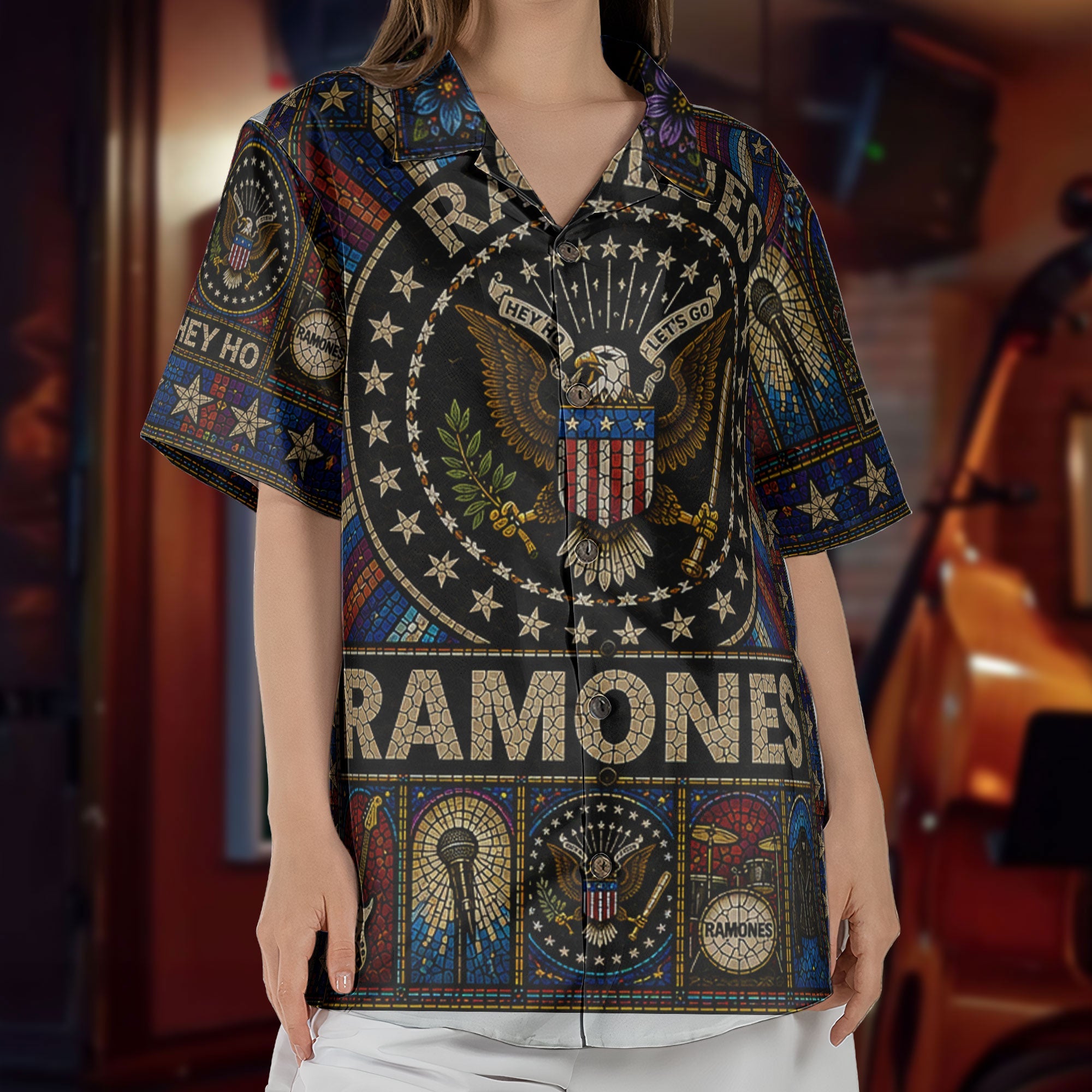 Ramones Hawaiian Shirt - Unisex Retro Hey Ho Lets Go Cathedral Window Button Up